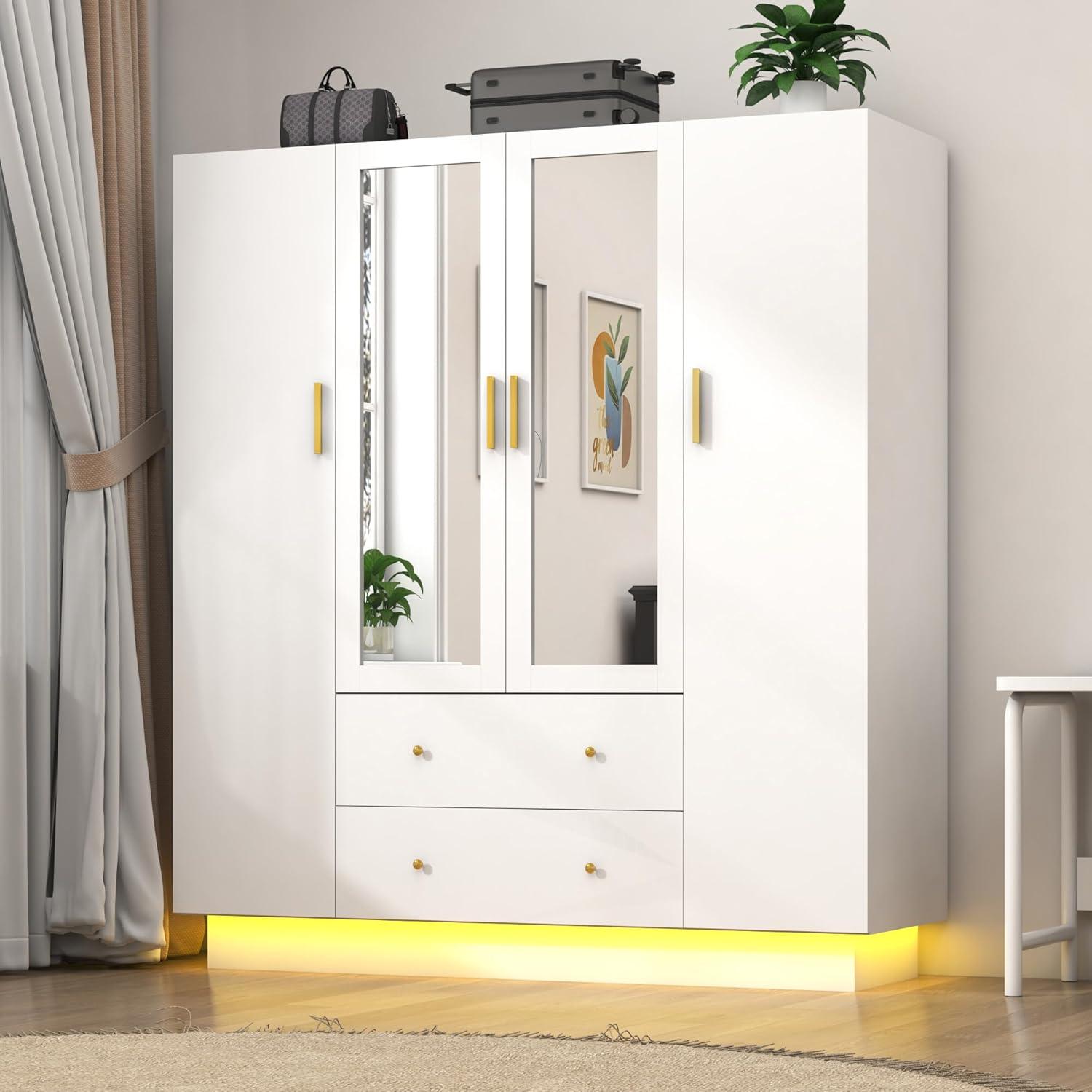 Armoire Wardrobe Closet With Mirror & Led Light, 4 Door Wooden Storage Cabinet With Drawers, Spacious Armoire With Hanging Rod & Adjustable Shelves