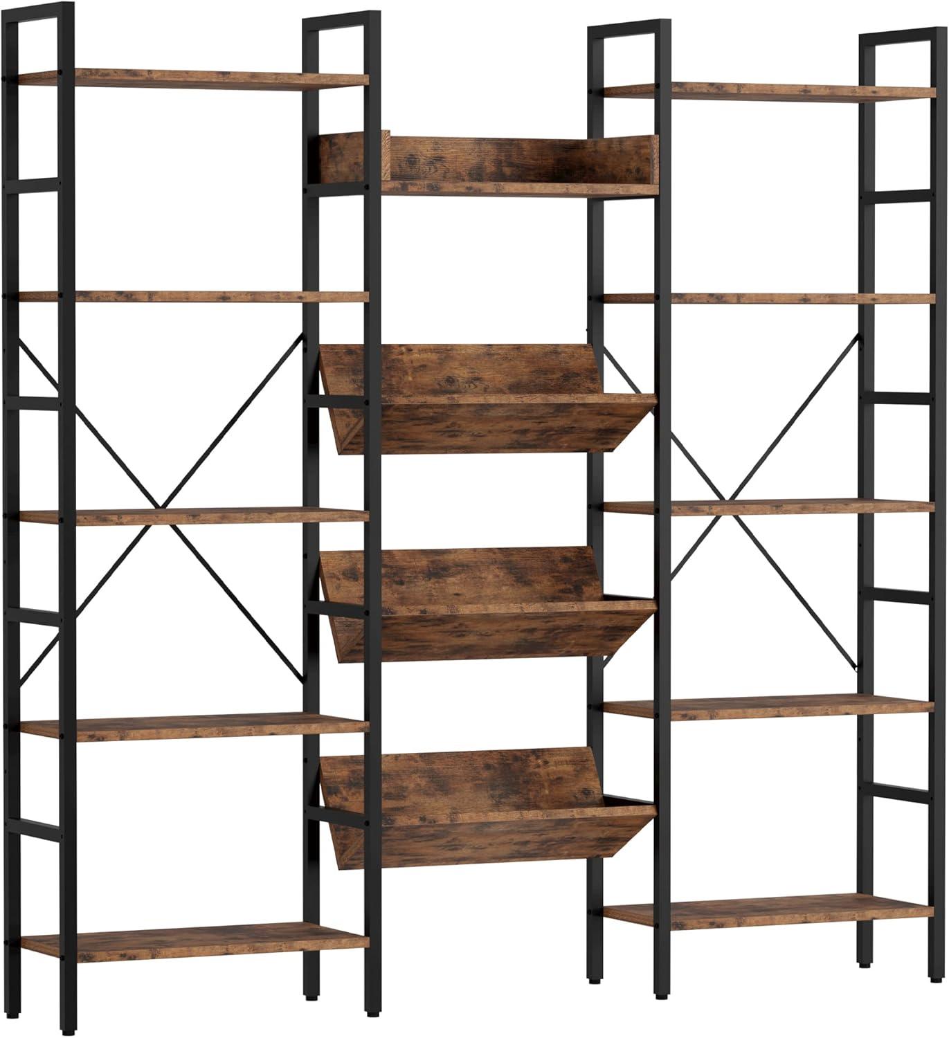 Vintage Brown Adjustable Industrial Triple Wide 5-Tier Bookshelf