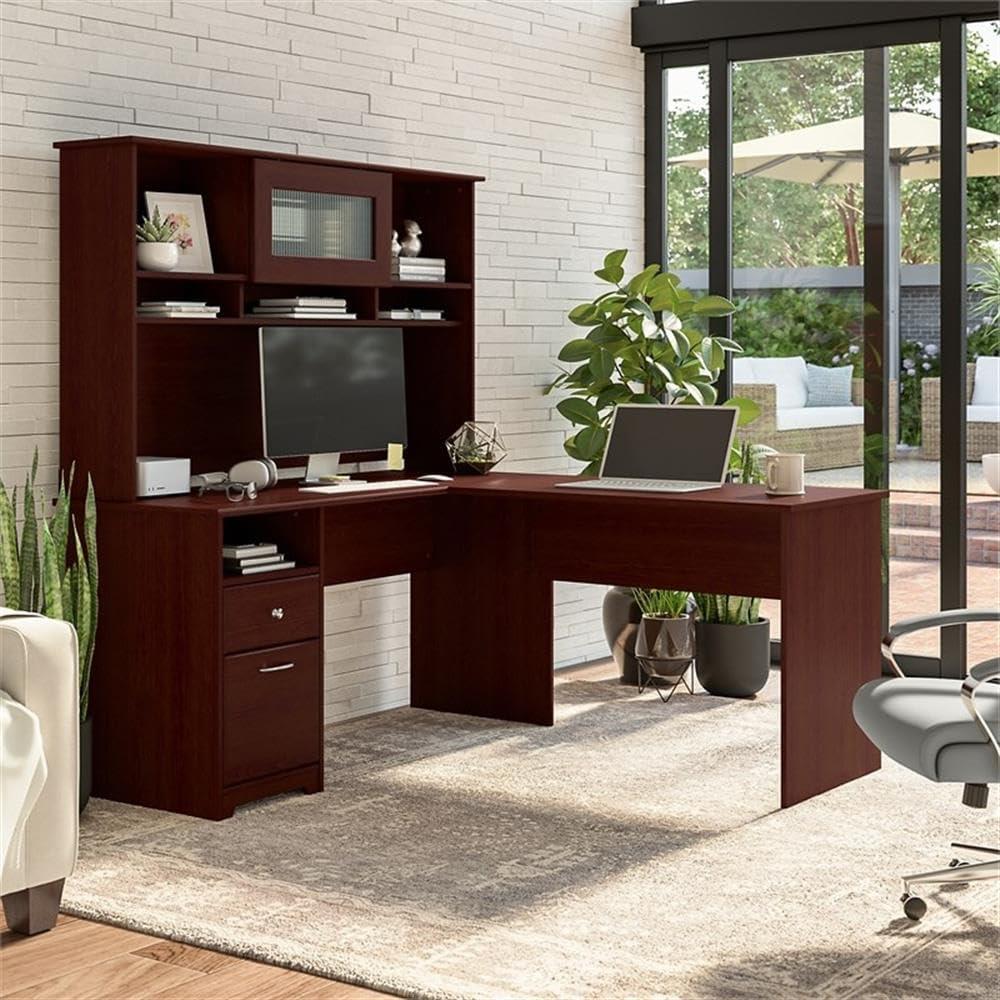 Cabot Modern 60W L Desk with Hutch, includes File Drawer and Storage Shelves in Harvest Cherry