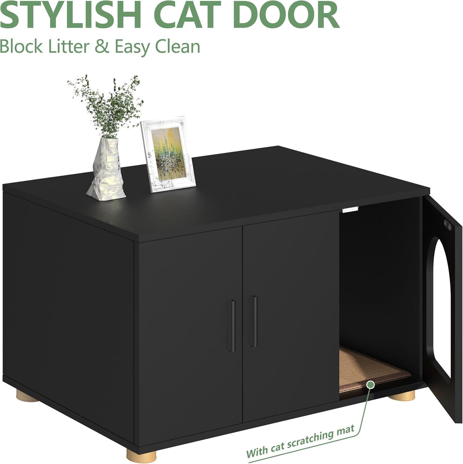 Amunrbrek Cat Litter Box Enclosure Furniture as End Side Table, Stackable Wooden Litter Box Furniture with Front-entry Cat Door , Black