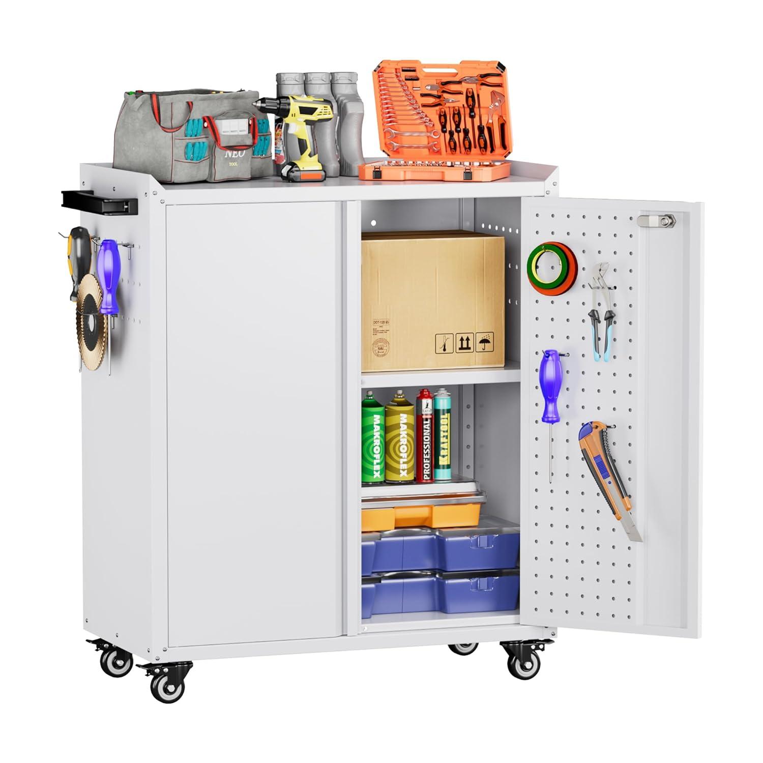 AOBABO 72 Inch Locking Metal Garage Home Office Storage Cabinet with Universal Rubber Wheels/Lockable Casters and Magnetic Doors, White
