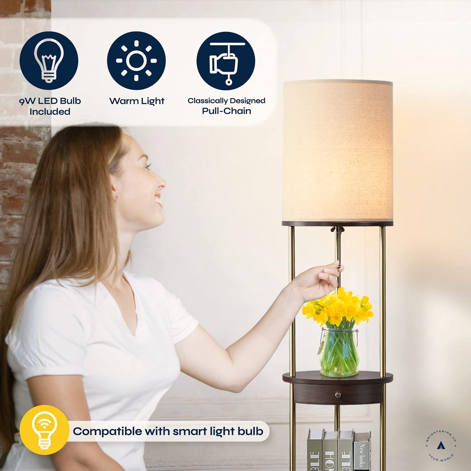 ATAMIN Aria Drawer Edition Floor Lamp with Shelves and Drawer, Modern Floor Lamp for Bedroom and Living Room, 63", Brown