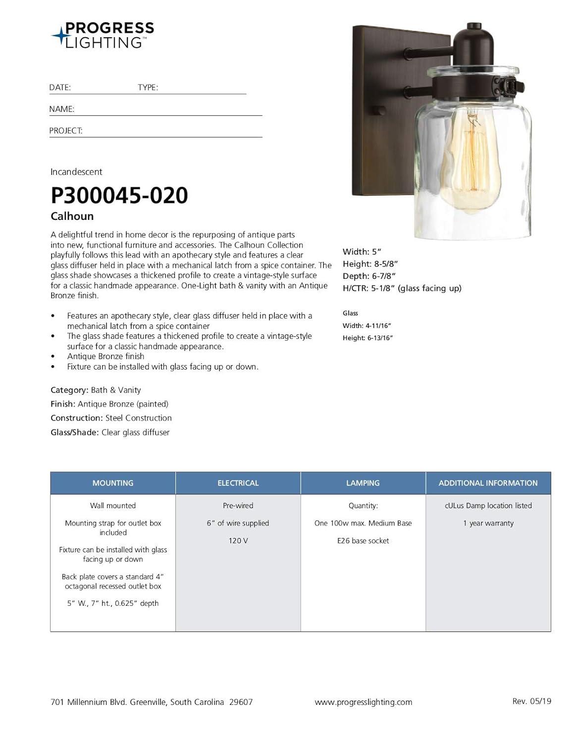 Progress Lighting Calhoun 1-Light Bath & Vanity, Steel, Antique Bronze, Clear Glass Shade