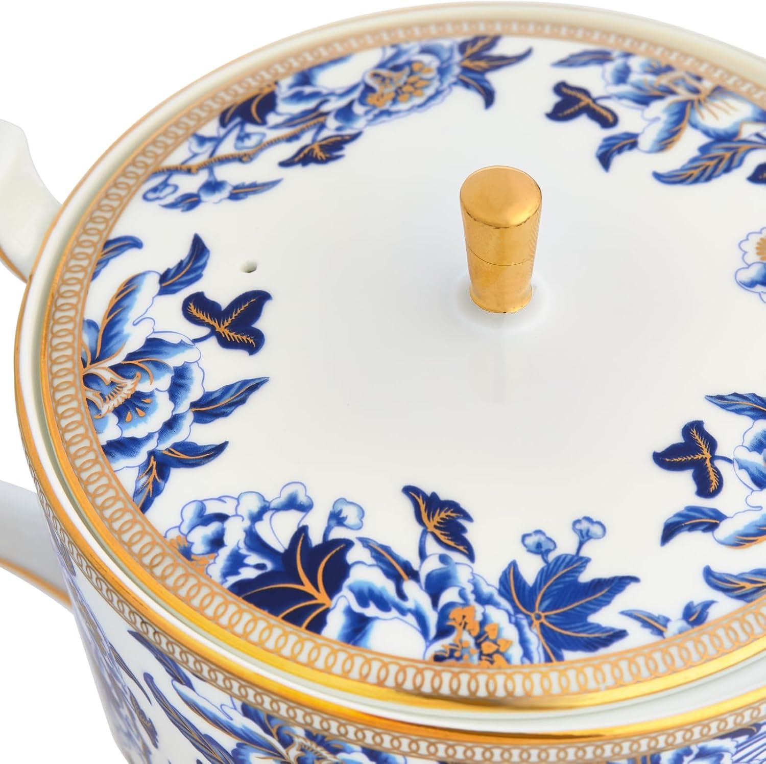 Blue and Gold Floral Bone China Teapot with 22-Carat Gold