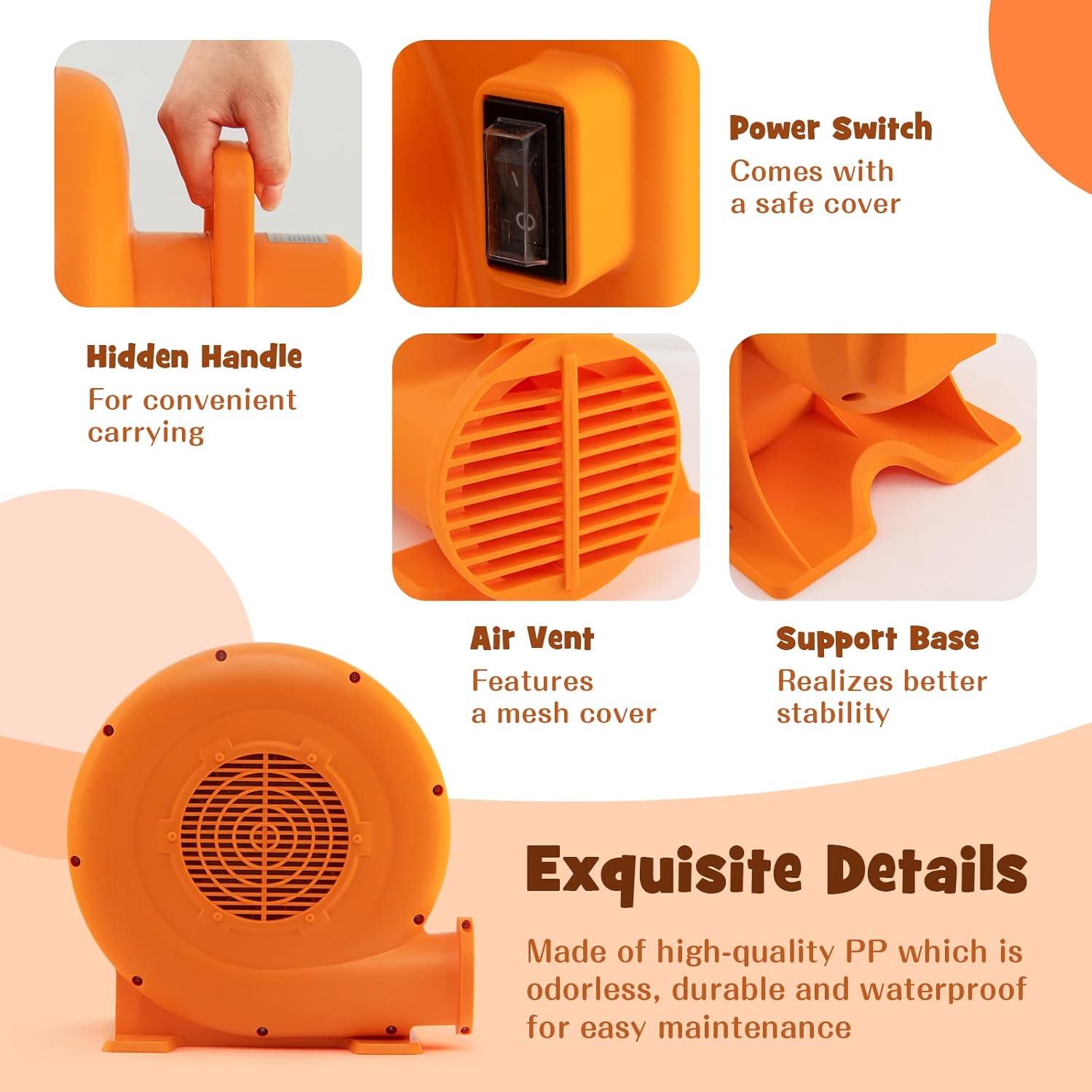 Costzon Air Blower, 1.0HP Blower for Bounce House with 25FT SJTW Wire & Stakes, GFCI Plug, ETL, 750W, Perfect for Inflatable Bouncer Blower Orange, IPX4 Air Blower for Inflatables