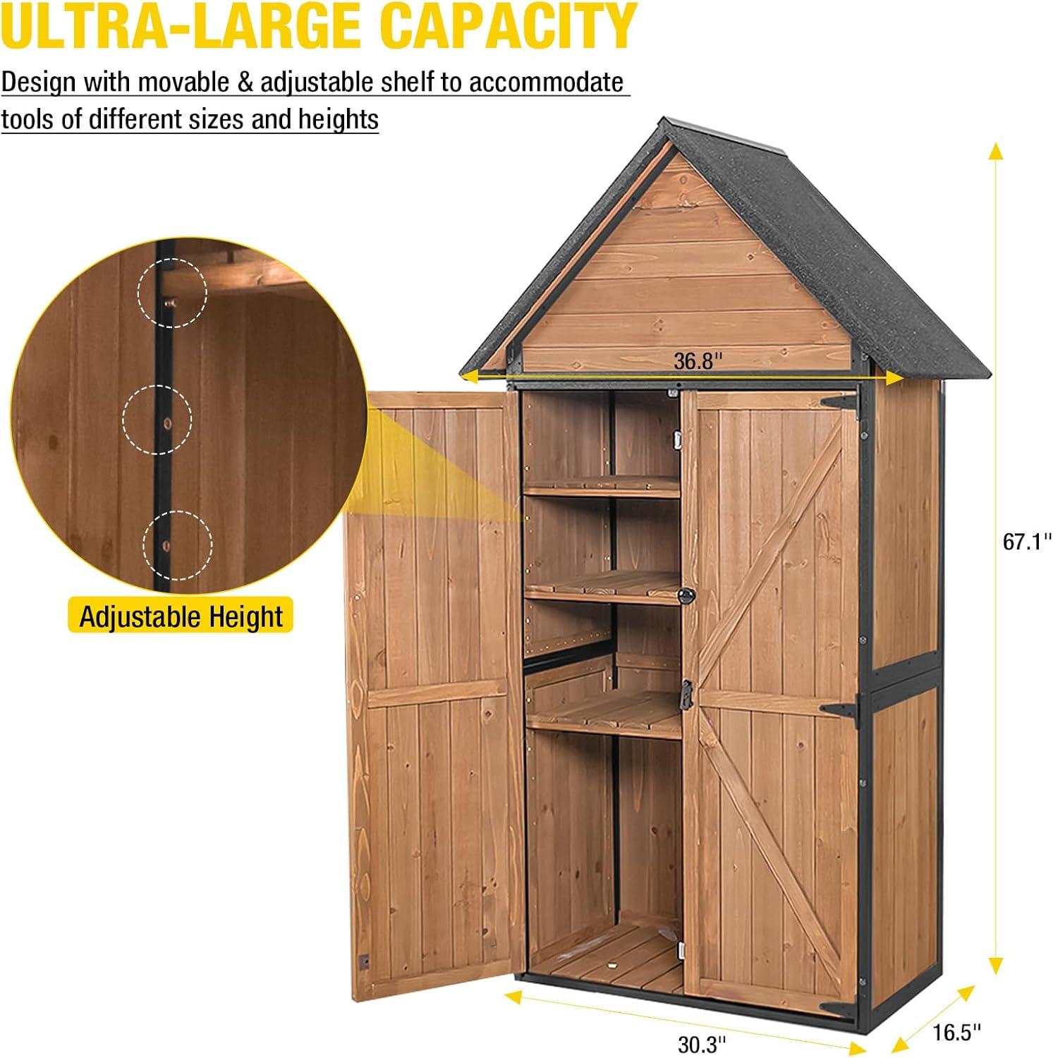 Aivituvin Storage Shed Outdoor with All-Around Strong Metal Frame Wooden Tool Cabinet with Double Doors