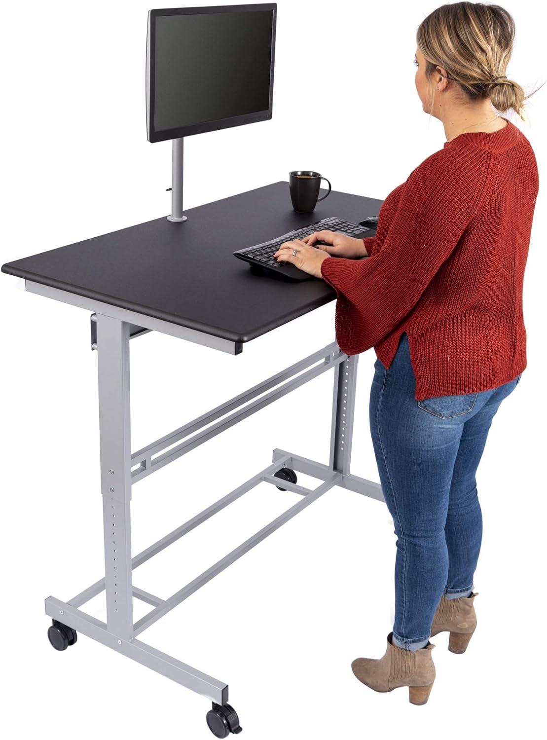 Stand Up Desk Store Rolling Adjustable Height Mobile Standing Desk with Monitor Mount (Silver Frame/Matte Black Top, 48" Wide)