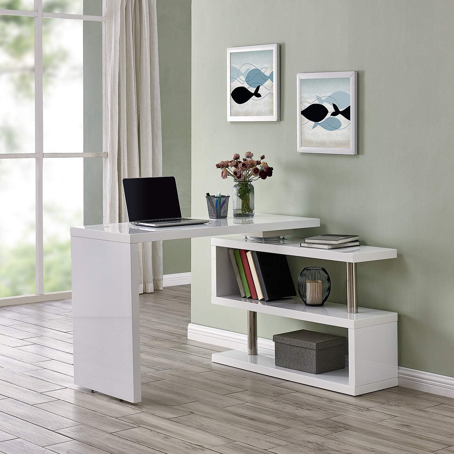 Yates Modern White and Chrome Adjustable Corner Desk with Shelves