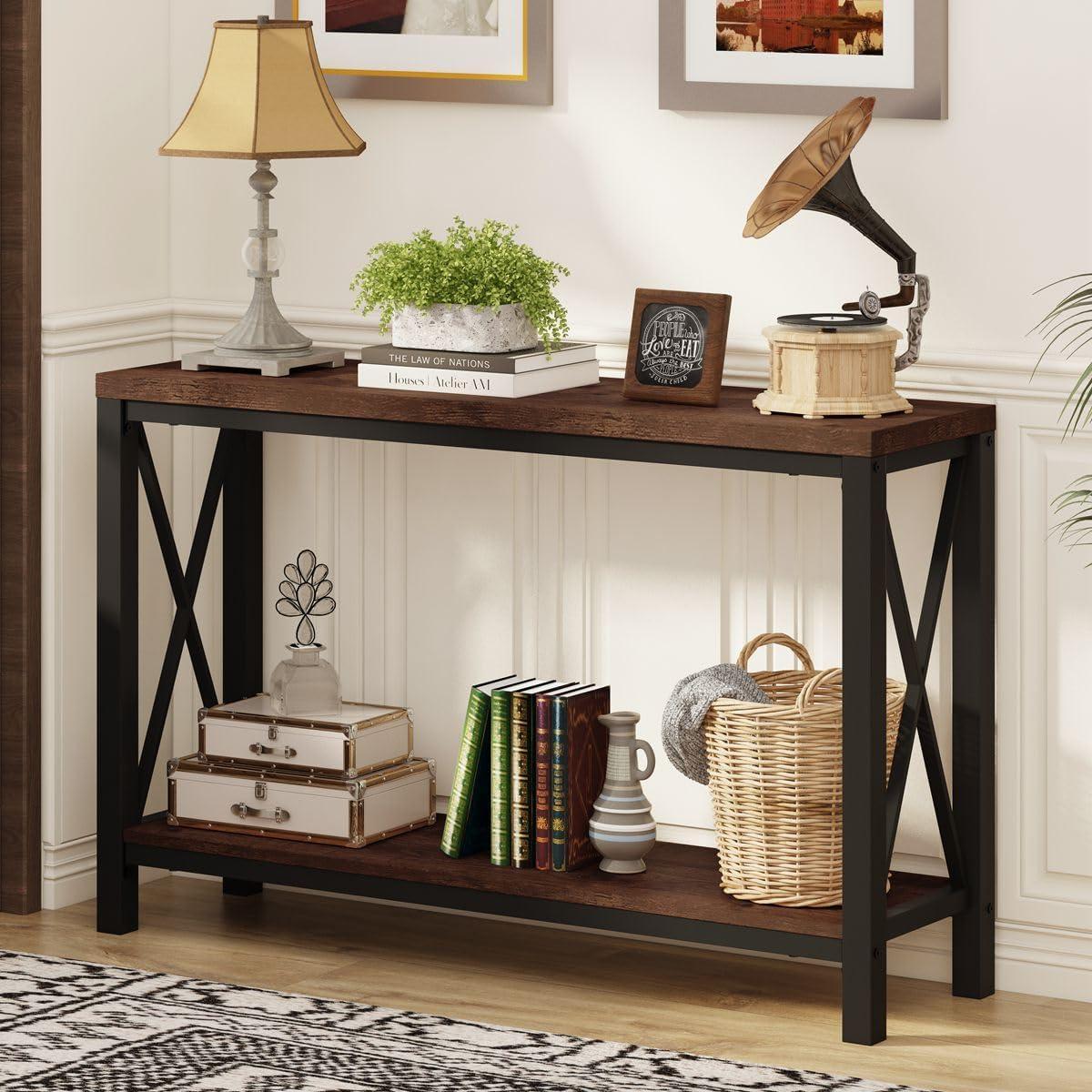 Rustic Oak 47" Industrial Metal and Wood Console Table with Storage