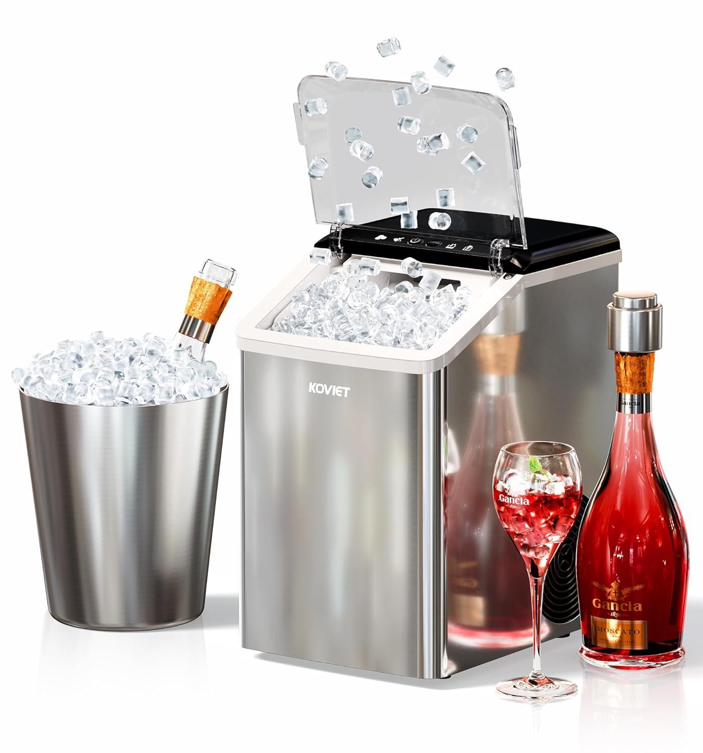 Nugget Ice Maker Countertop, 40lbs/24H Tooth-Friendly Soft Chewable Pebble Ice Machine, Self-Cleaning with Drainpipe, Crushed Pellet Ice Makers for Home Kitchen Party, Stainless Steel