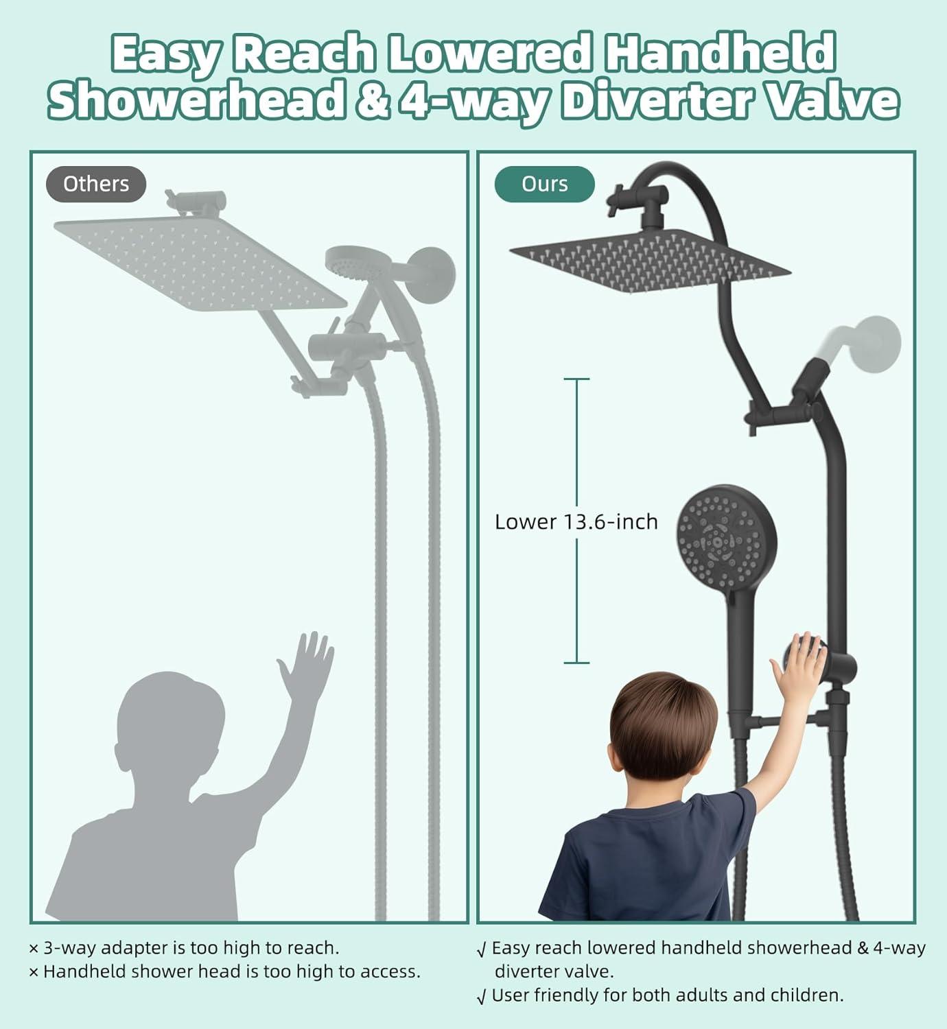 10'' High Pressure Rainfall Shower Head/Handheld Showerhead Combo with 12'' Adjustable Curved