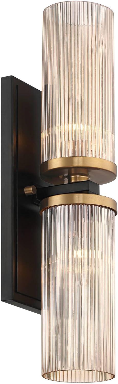 Stiffel Modern Wall Light Sconce Black Brass Hardwired 4 1/4" 2-Light Fixture Ribbed Champagne Glass Shade for Bedroom Bathroom Vanity Living Room