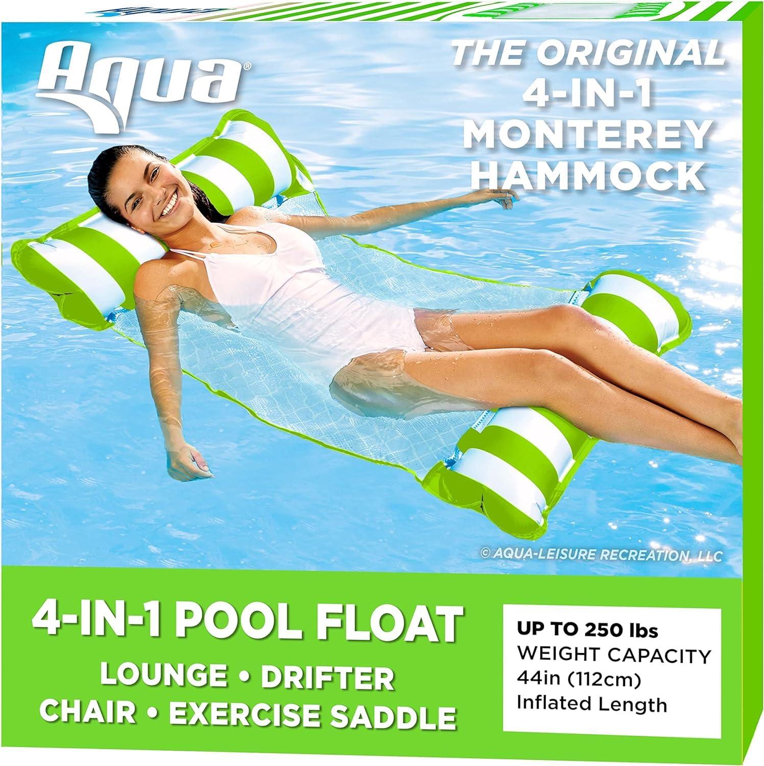 Aqua Leisure Monterey Water Inflatable 4-in-1 Versatile Design Pool Hammock Floating Lounger Chair, Lime Green and White Stripes