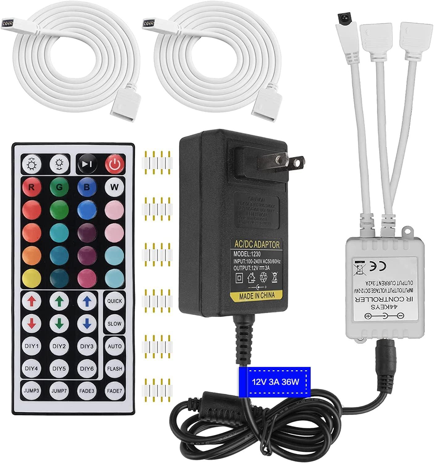 2-Port 44 Key IR LED Light Remote,RGB Control Box+ DC 12V 3A LED Power Supply Led Light Adapter+ 2 Pack 3.3FT Extension Cable for 3528 5050 RGB LED Strip Lights(Not Compatiable 24V LED Lights)