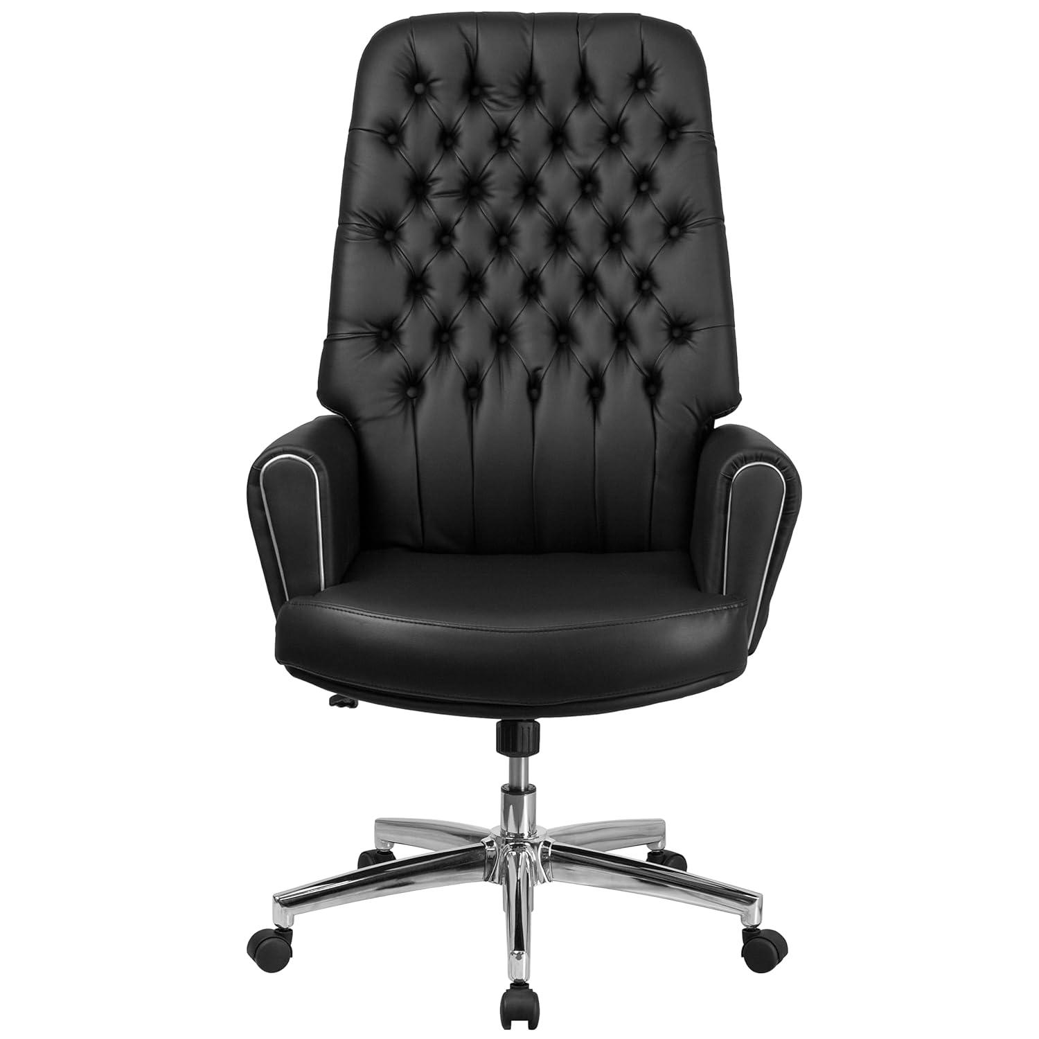 Flash Furniture Hansel High Back Traditional Tufted Black LeatherSoft Executive Swivel Office Chair with Silver Welt Arms