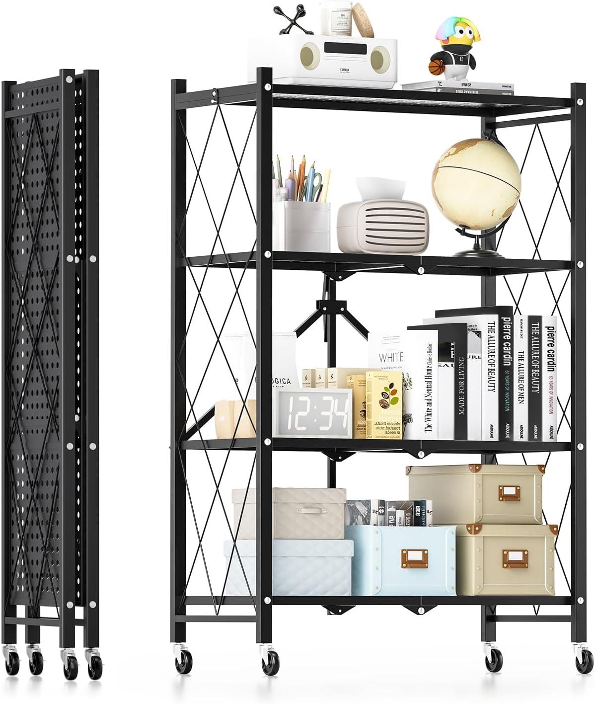 Heavy Duty Black Metal 4-Tier Storage Shelving Unit with Wheels