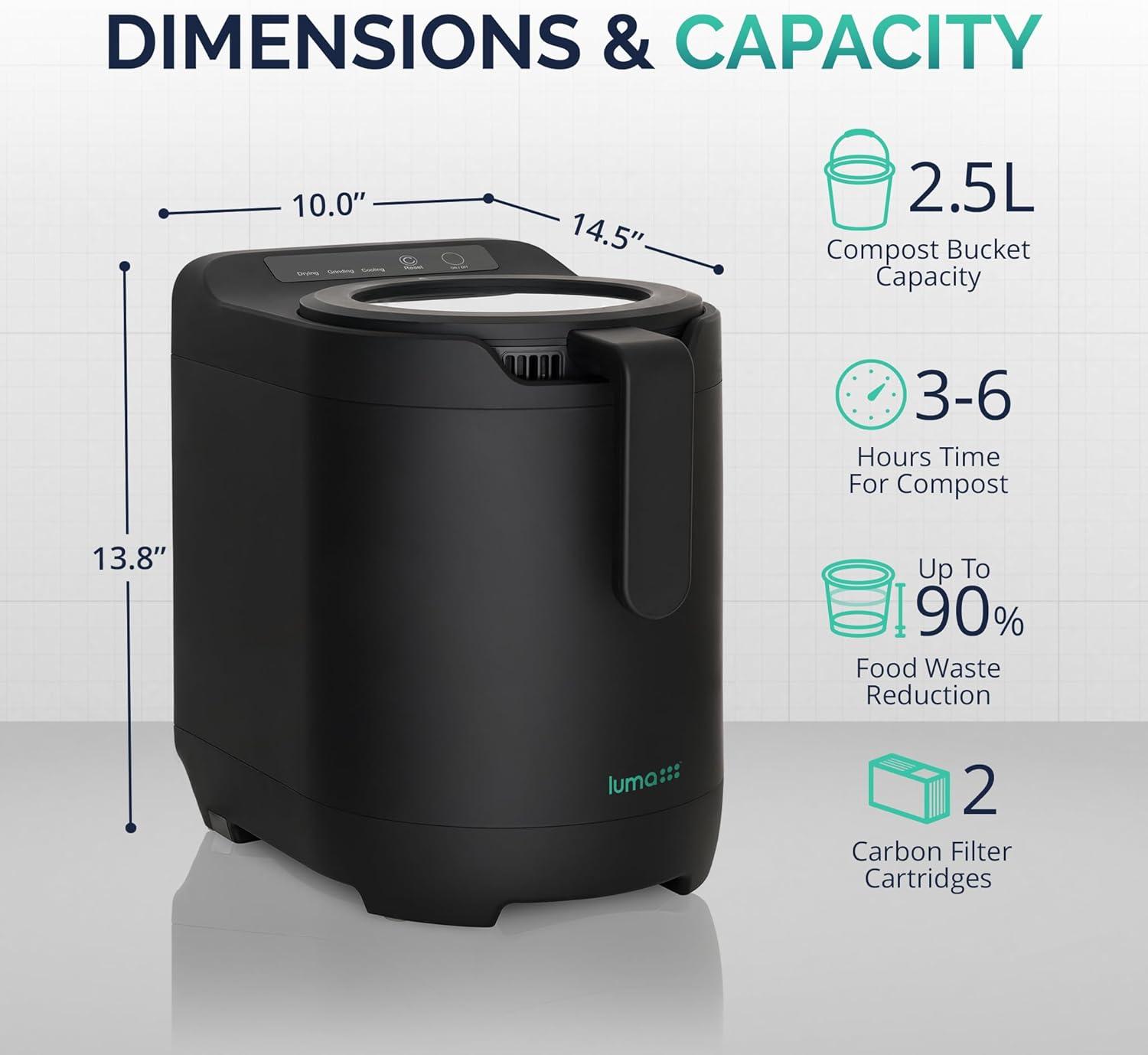 Newair Luma Electric Kitchen Composter 2.5L Capacity Odorless Countertop Compost Bin, Lid Clear-View Window