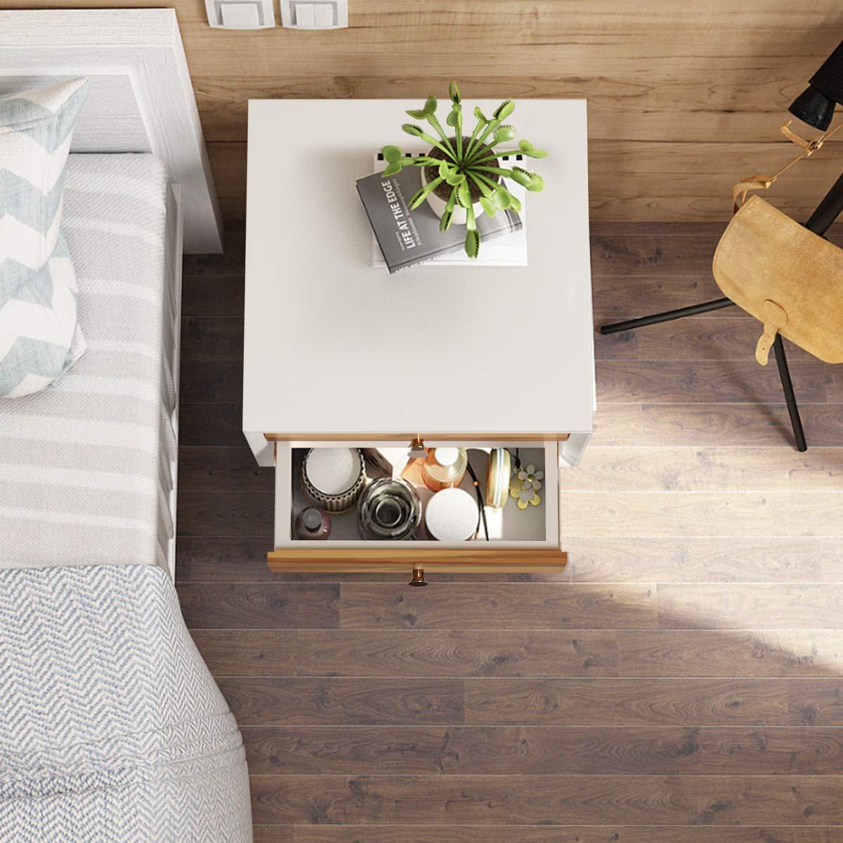 Giantex Mid Century Modern Nightstand, Wooden Bedside Tables w/ 2 Storage Drawers & Solid Wood Legs, Practical End Side Table for Living Room Bedroom, White & Walnut