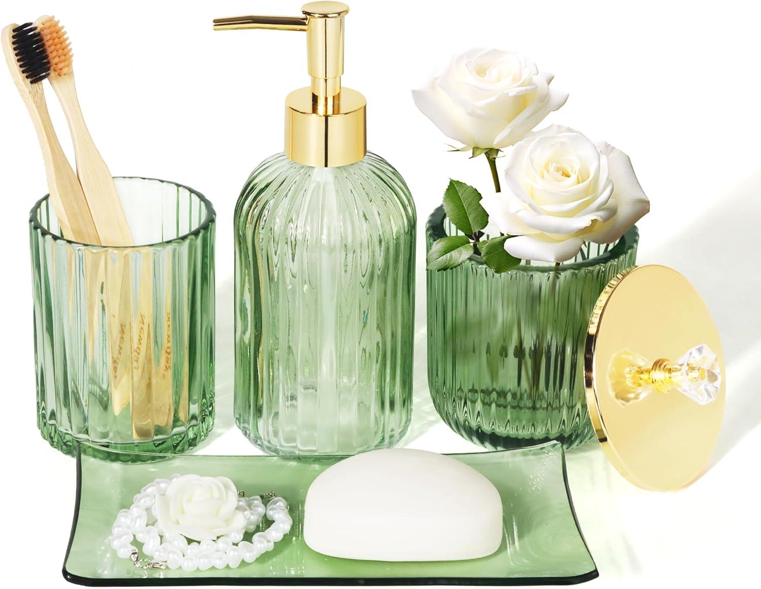 Green Glass Bathroom Accessories Set with Gold Accents, 4 Pieces