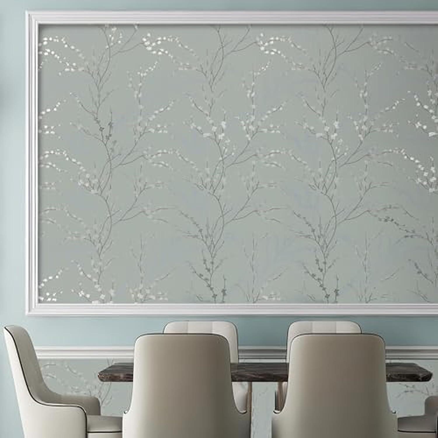 Main Street 8-Pack 16" x 24" Wallpaper Panels. Sage Green Floral Peel and Stick Wallpaper Sheets in West Coast Branch Print. Renter-Friendly Wallpaper for Home