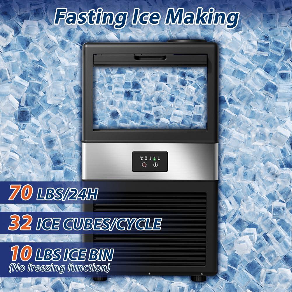 Commercial Ice Maker Machine, 70 LBS/24H Under Counter Large Ice Machine w/ 10 LBS Capacity Ice Storage Bin, 2 Water Inlet Modes, Freestanding & Built in Ice Maker for Bar/Home/Office/Shop, White