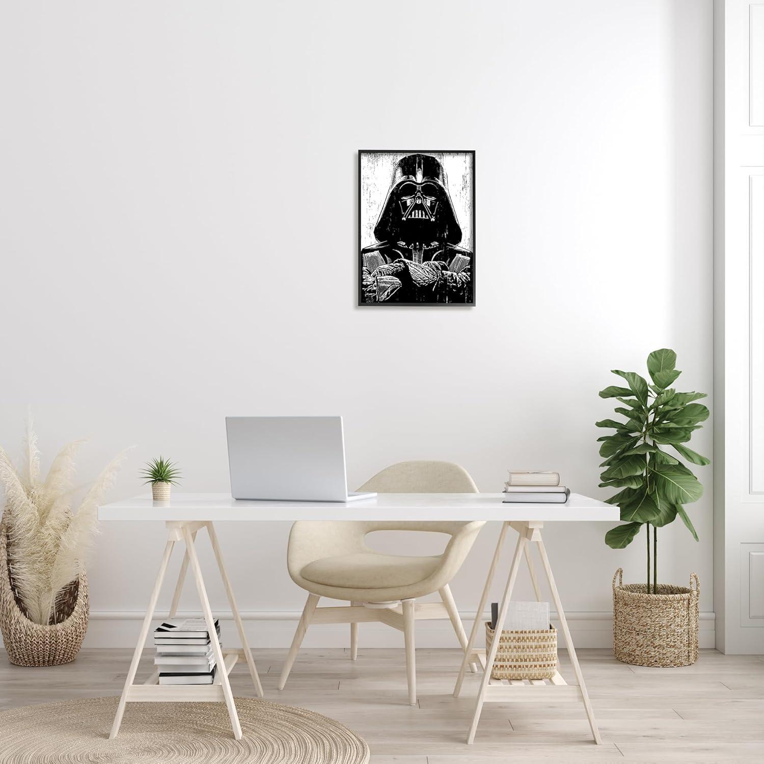 The Stupell Home Decor Collection Black and White Star Wars Darth Vader Distressed Wood Etching Oversized Framed Giclee Texturized Art, 16 x 1.5 x 20