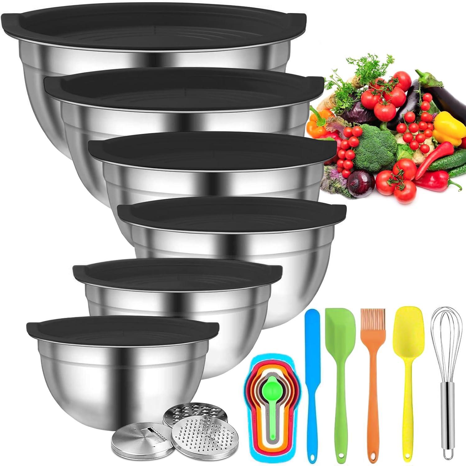 stusgo 6 Pcs Mixing Bowls with Lids,Stainless Steel Mixing Bowls with 3 Grater Attachments,Non-Slip Bottoms,Kitchen Utensils,Mixing Bowl Set for Kitchen Mixing Baking Prepping Cooking Serving,Black