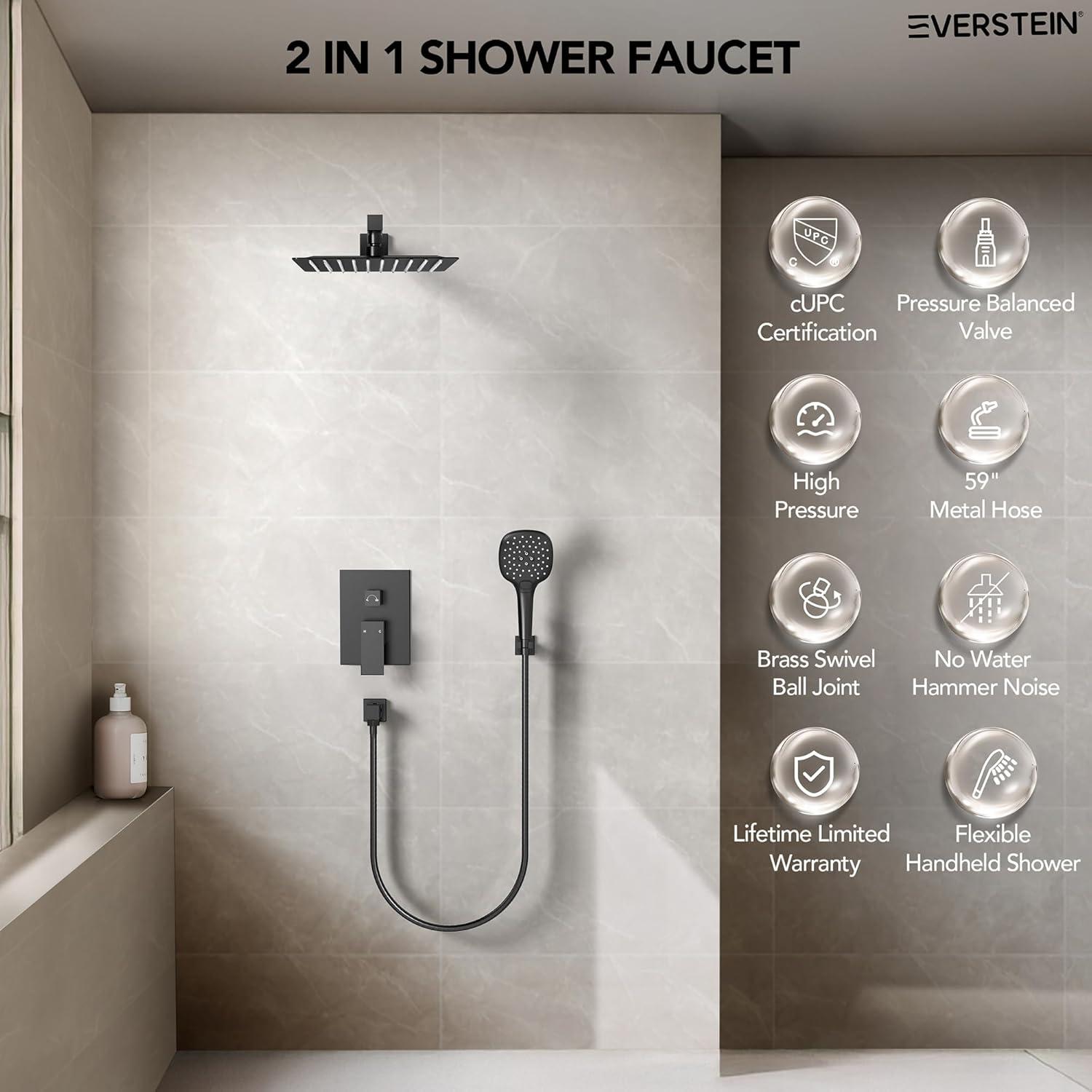 YAWWALK 10" Shower Head with 3-Spray Patterns Handheld in Matte Black (Valve Included)