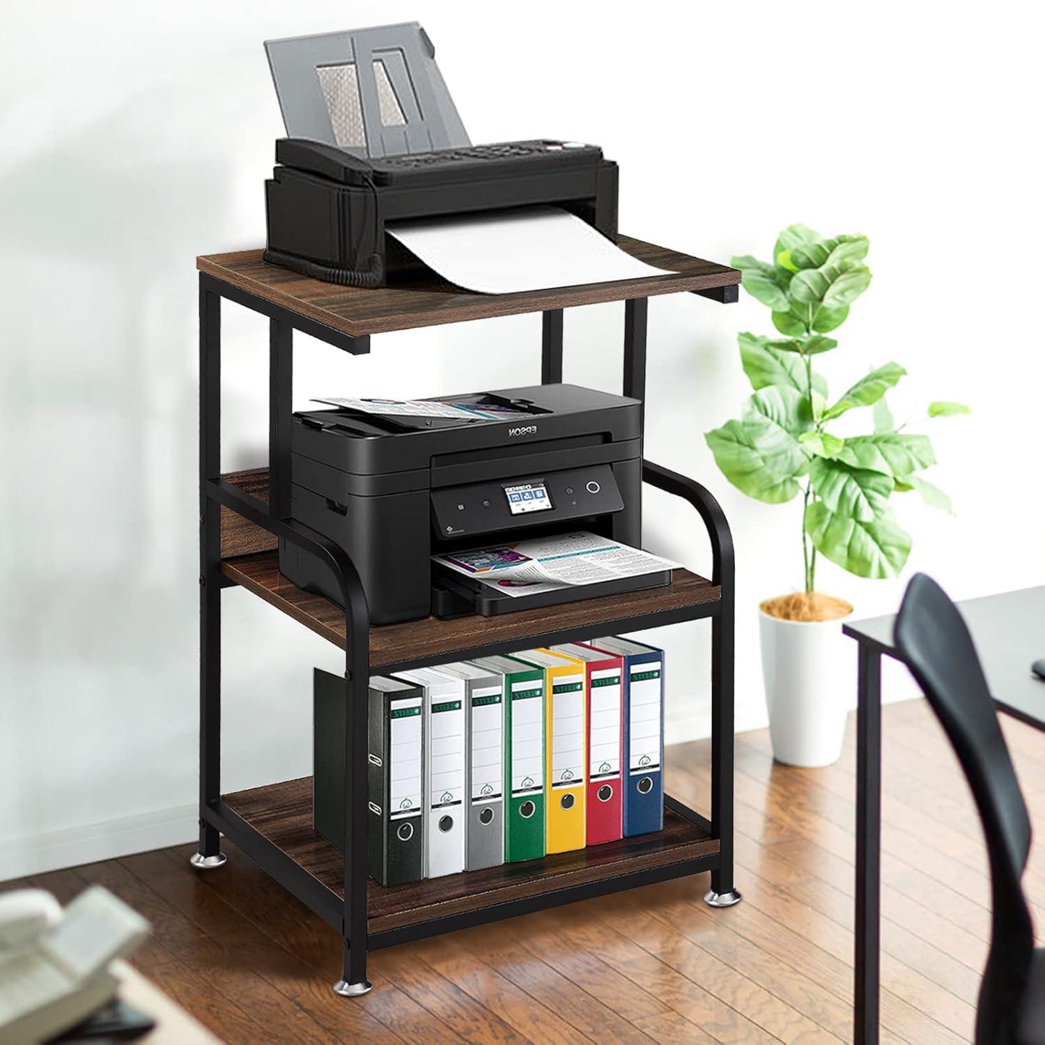 3-Tier Mobile Printer Stand on Wheels with Storage Shelves Industrial Style Machine Cart Organizer Table for Office and Home Rustic Brown Wood and Black Metal Finished