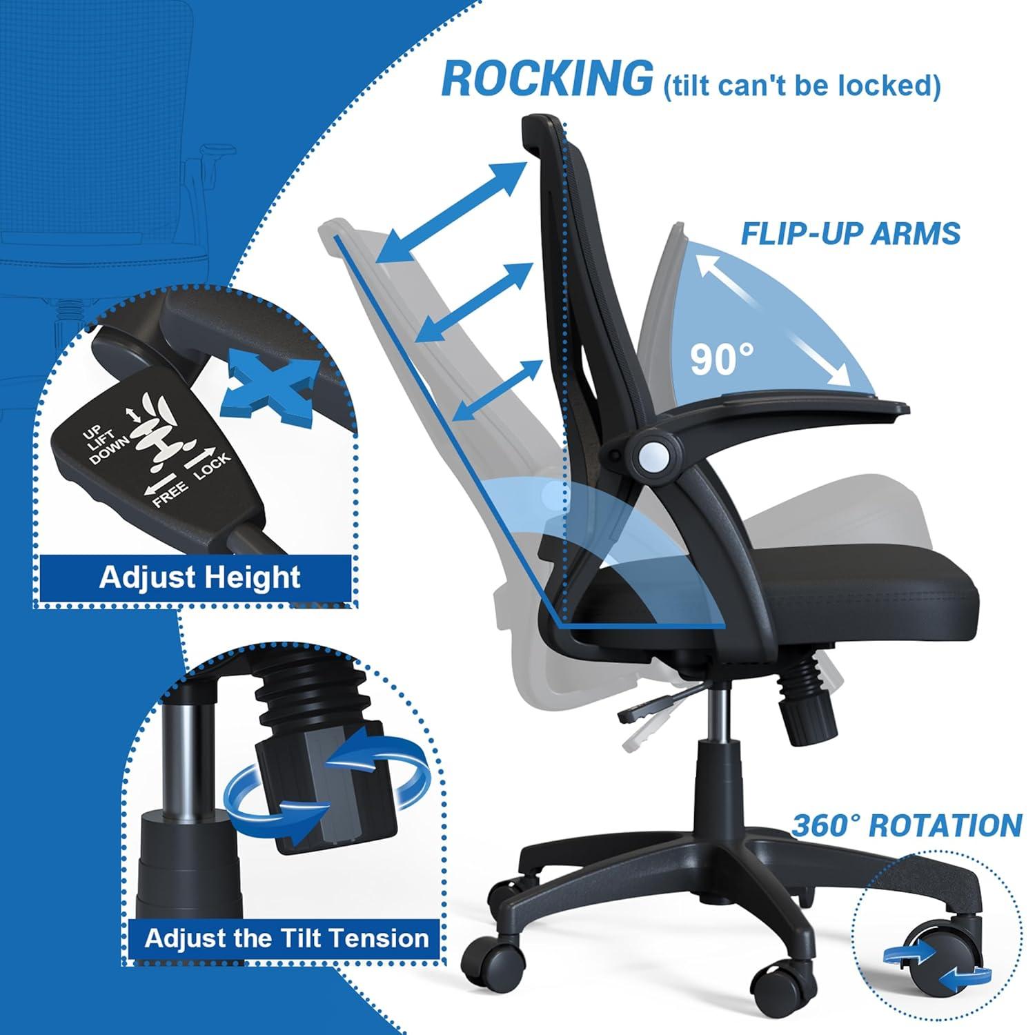 KOLLIEE Mid Back Mesh Office Chair Ergonomic Swivel Black Mesh Computer Chair Flip Up Arms with Lumbar Support Adjustable Height Task Chair
