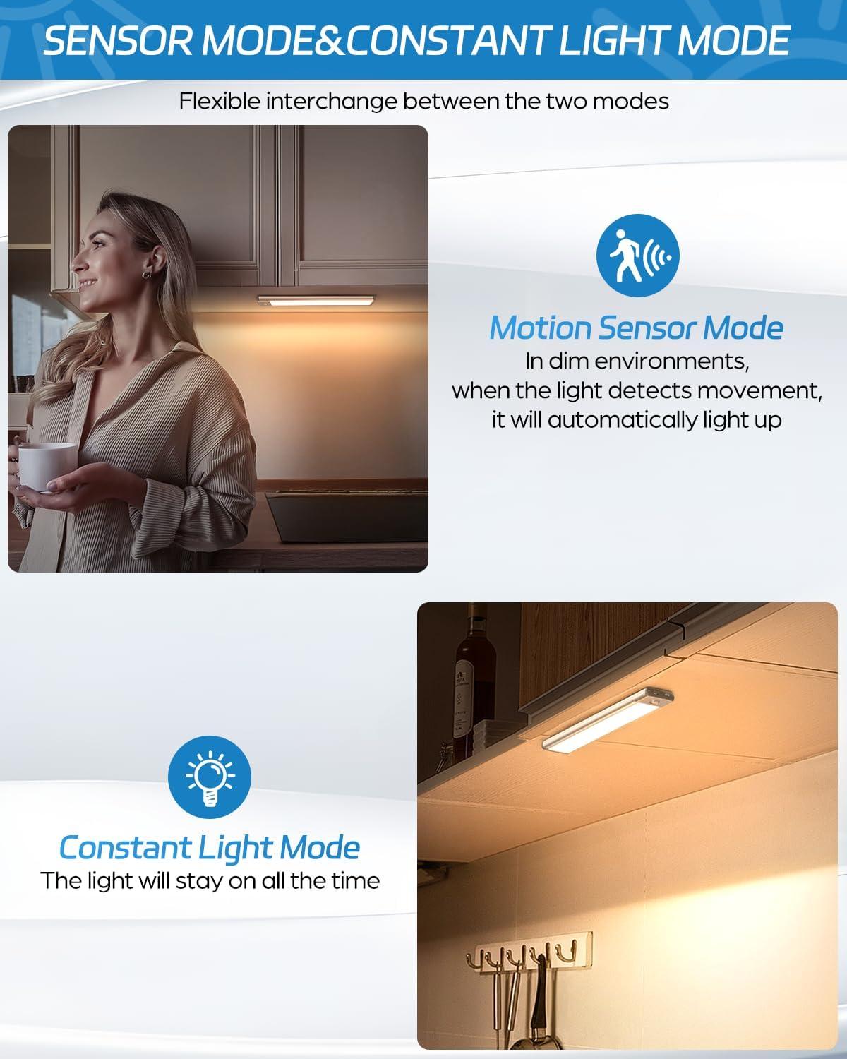 HIBOITEC Led Under Cabinet Lighting Motion Sensor Under Counter Light with 1000mah Rechargeable Battery, 30 LEDs Wireless Cabinet Lighting for Kitchen, Drawer, Warm White 2Pack