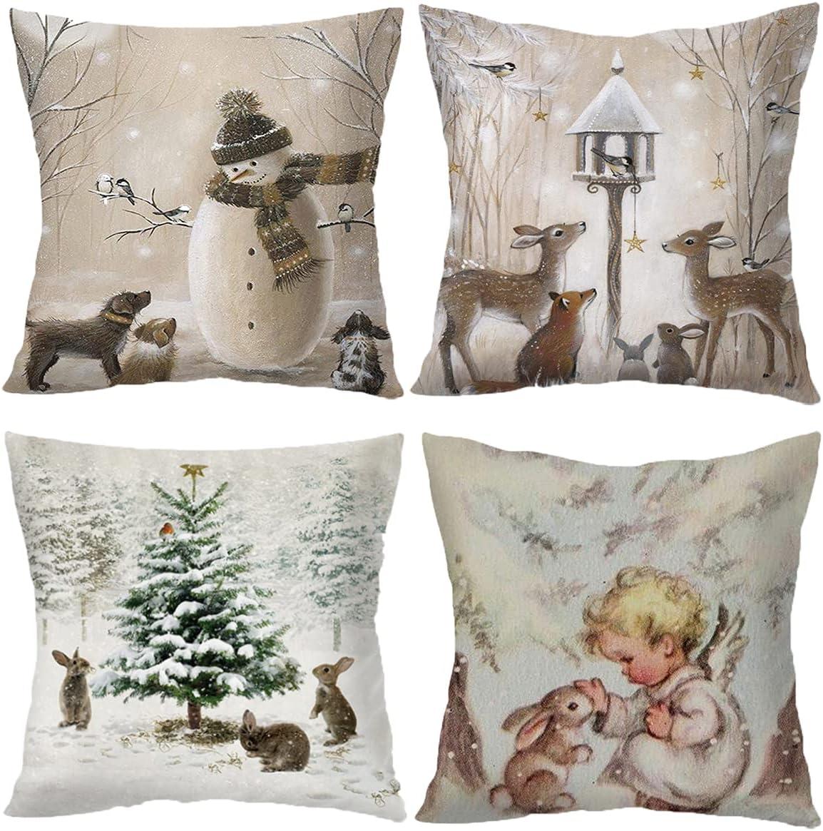 Decorative Throw Pillow Cover Christmas - 18 x 18 Inch Animal Snowman Rabbit Deer Silver Xmas Cushion Case - Set of 4 Square Pillowslip, Gift for Sofa, Patio, bedroom Decor (Hellote Xmas, 18"x18")