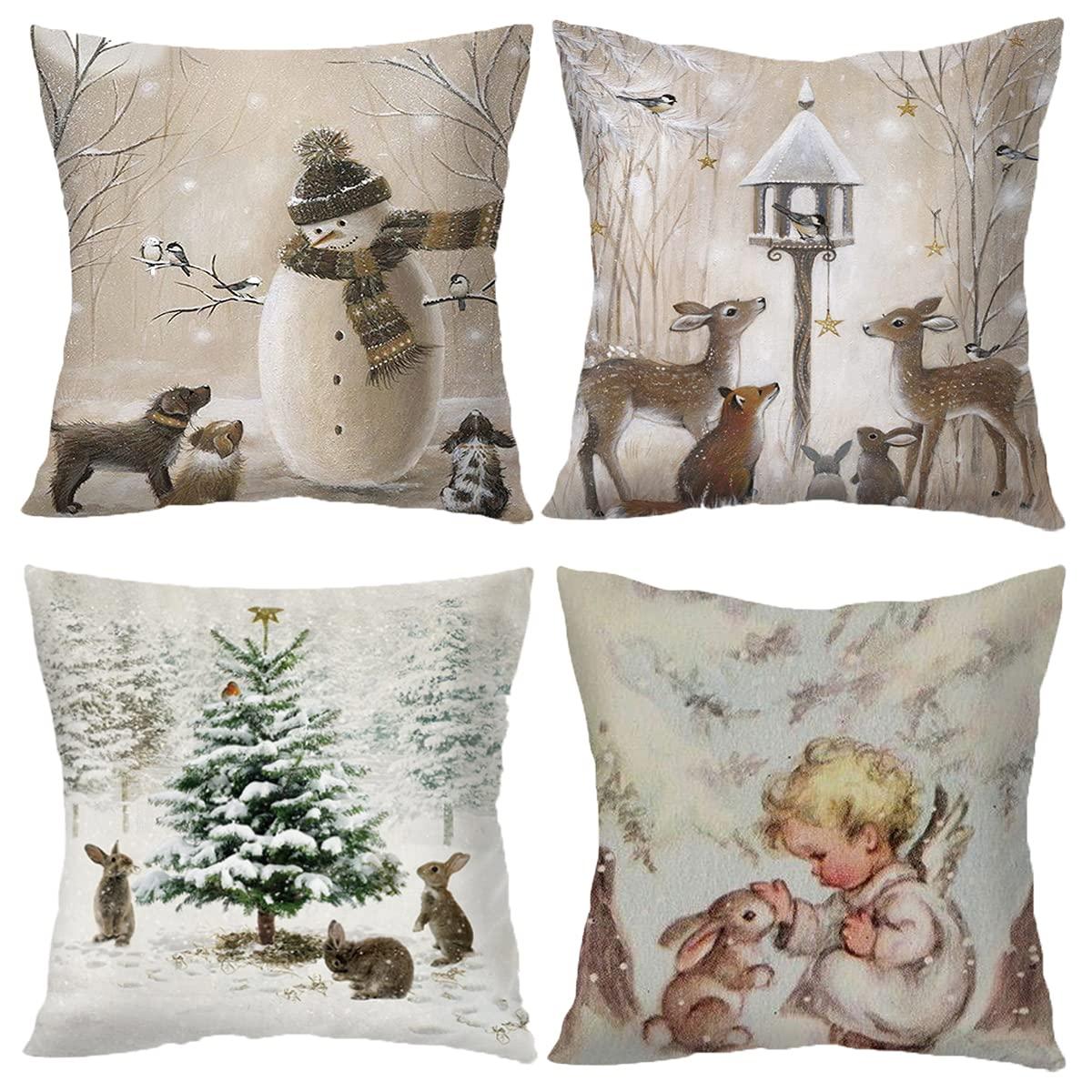 Decorative Throw Pillow Cover Christmas - 18 x 18 Inch Animal Snowman Rabbit Deer Silver Xmas Cushion Case - Set of 4 Square Pillowslip, Gift for Sofa, Patio, bedroom Decor (Hellote Xmas, 18"x18")