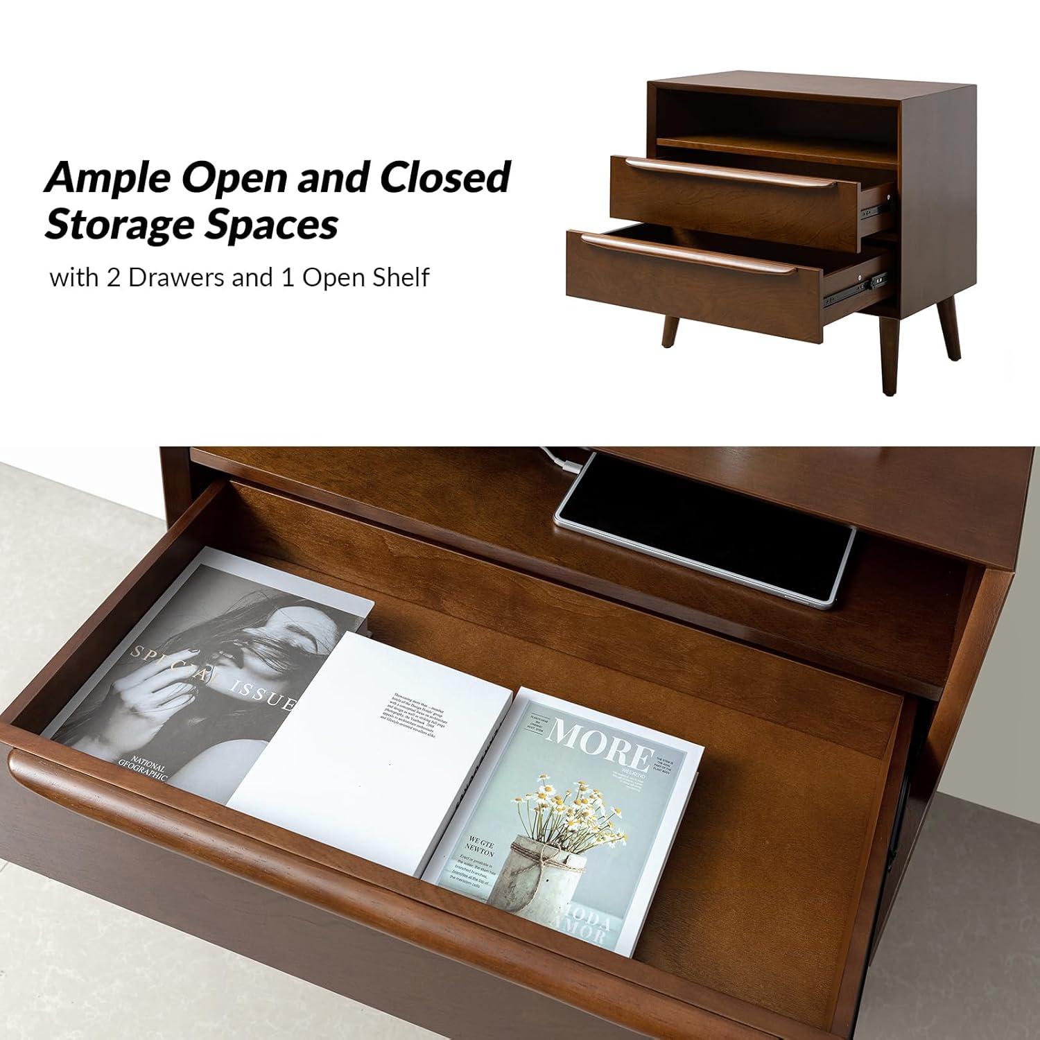 Margery Mid-century Modern 2 - Drawer Nightstand with Built-In Outlets | HULALA HOME-WALNUT