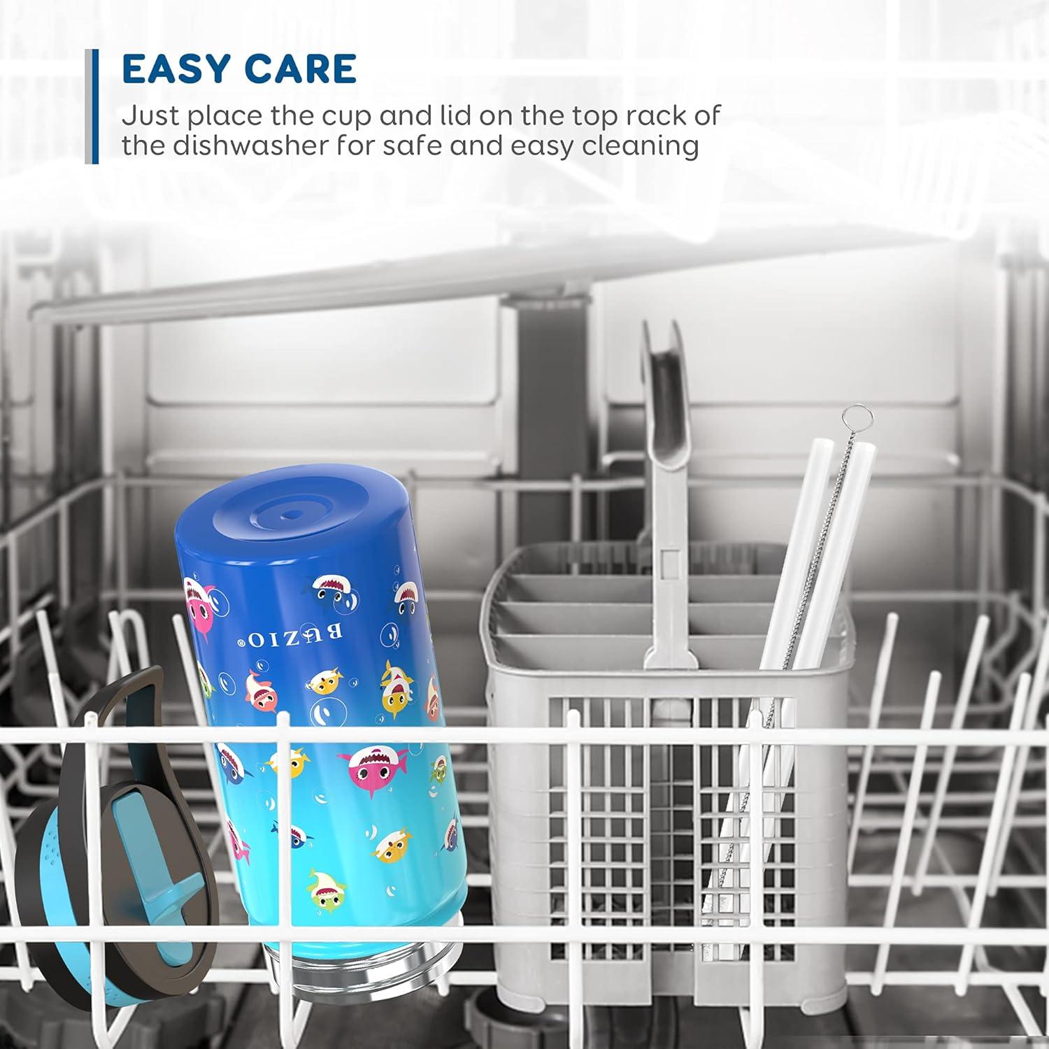 Buzio Insulated Water Bottle with Straw for Kids, 2 Lids Double Vacuum Metal Water Bottle, 14 Ounce, Blue Shark