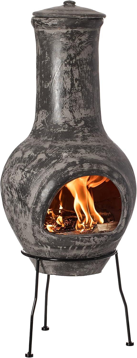 Gray Clay Chiminea Fireplace with Scribbled Design and Metal Stand