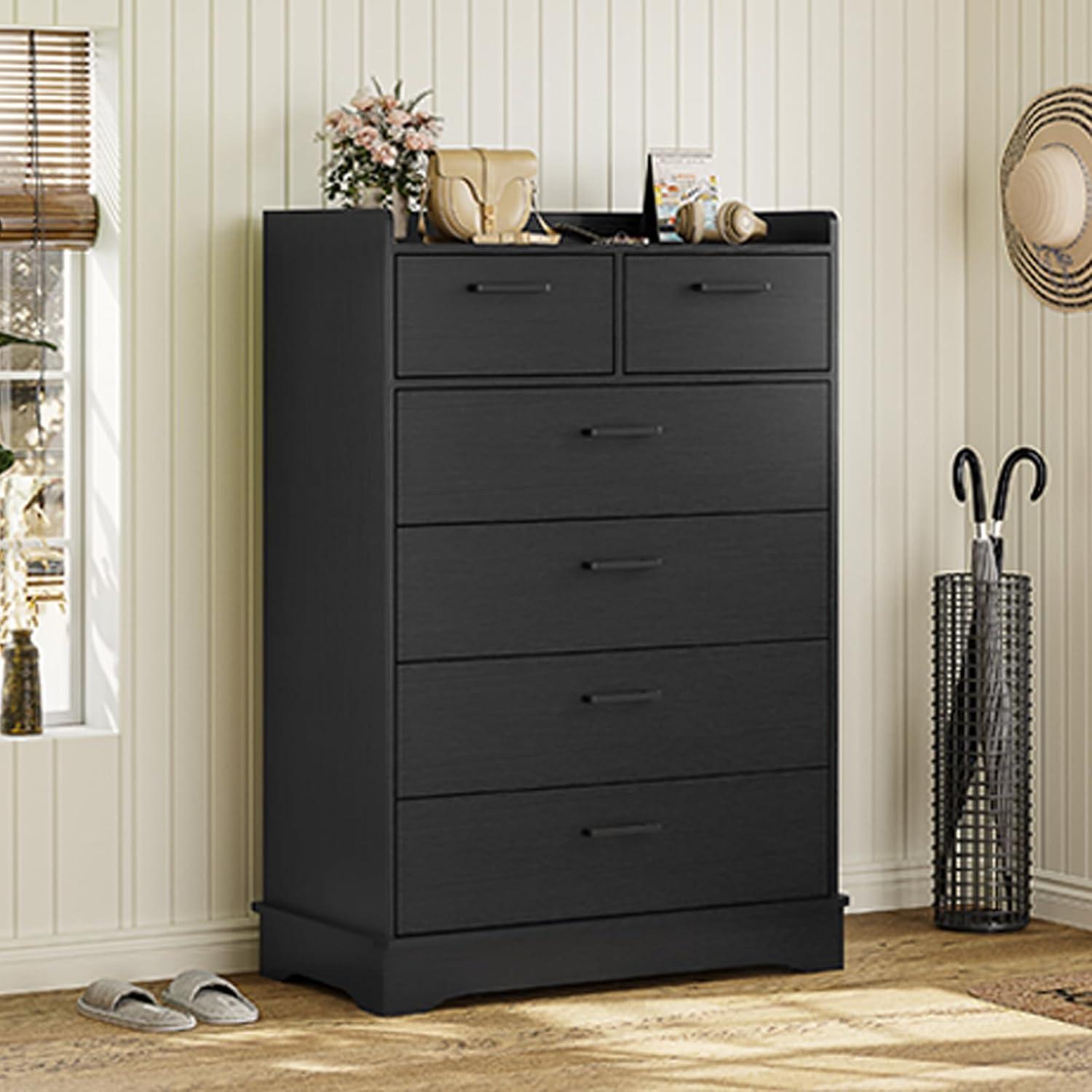 Black Dresser for Bedroom, 6 Drawers Dresser Wood Storage Tower Clothes Organizer, Chest of 6 Drawers, Large Capacity Storage Cabinet, Tall Dresser for Bedroom, Hallway, Entryway