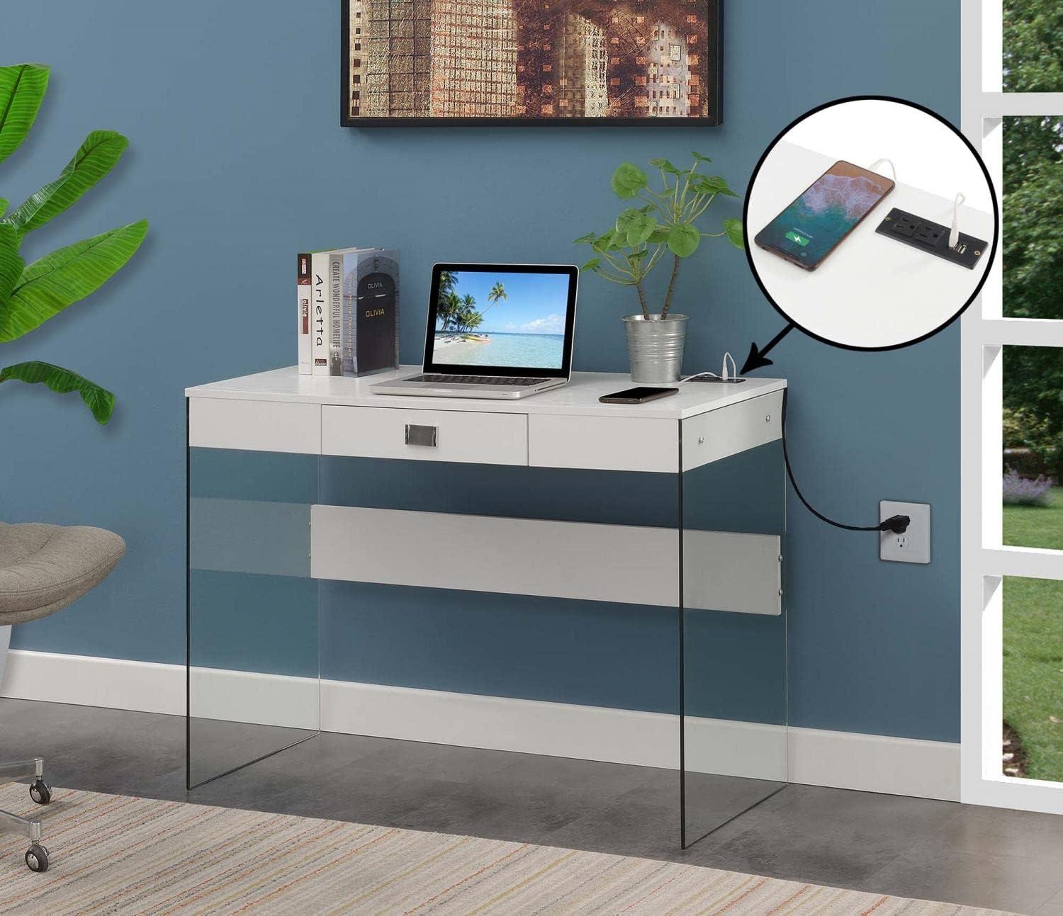 Convenience Concepts SoHo 30"H 42" W Glass Desk with Charging Station, White/Glass, All Ages