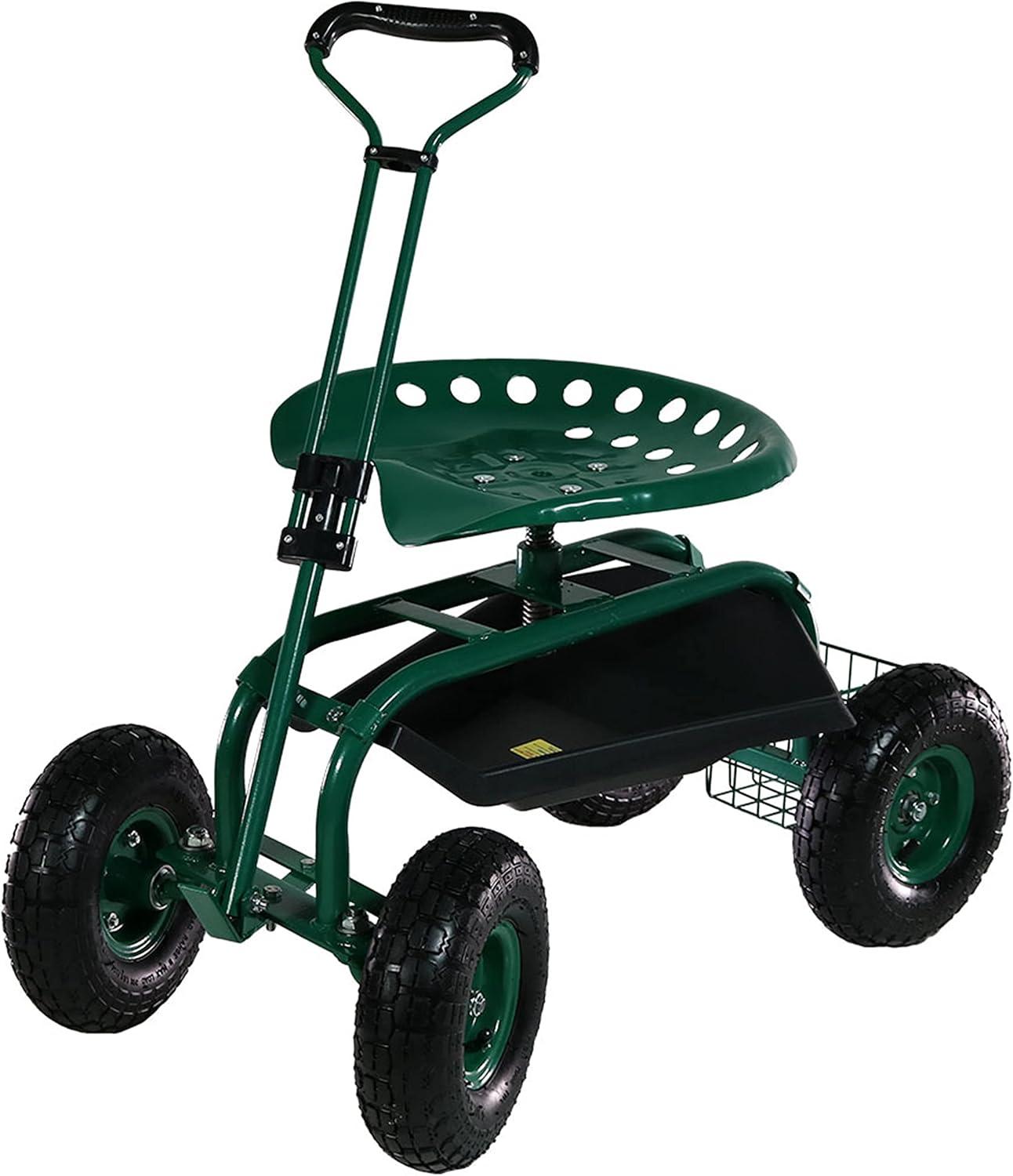 SunnyDaze Decor Steel Extendable Steering Handle Swivel Seat & Basket Garden Carts