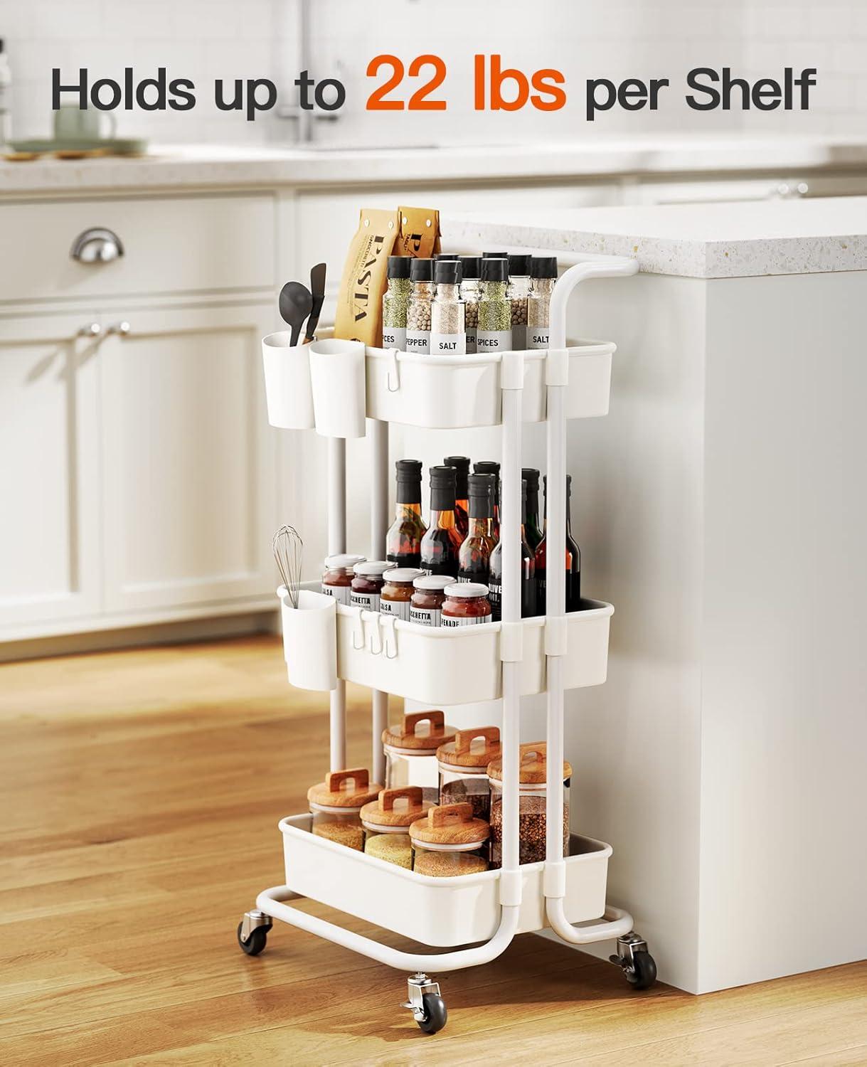 3-Tier Metal Rolling Cart Utility Cart Storage Cart with Lockable Wheels, 3 Hanging Cups & 4 Hooks for Office, Kitchen, White