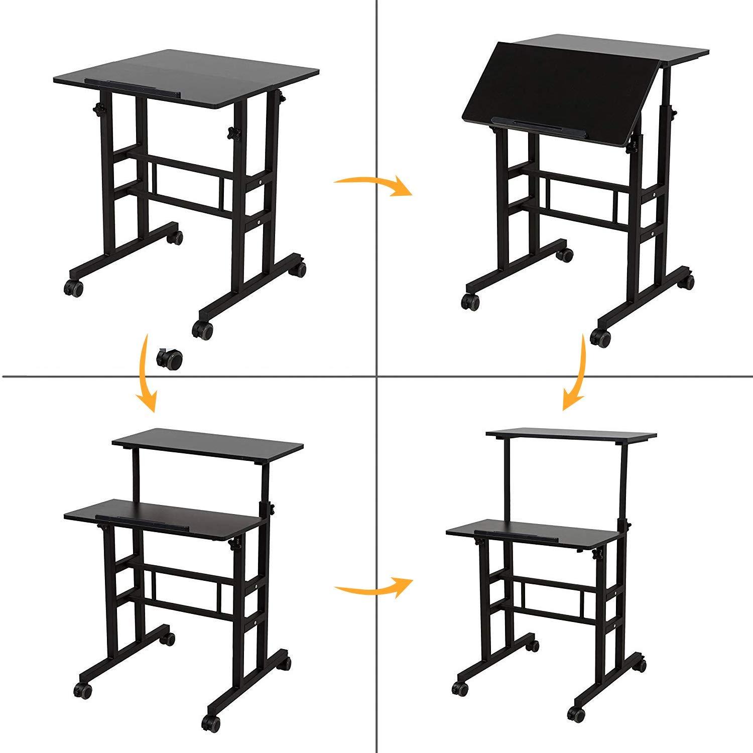 QuellQuest Adjustable Laptop Desk with Wheels Home Office Workstation Rolling White Table Laptop Cart for Standing or Sitting