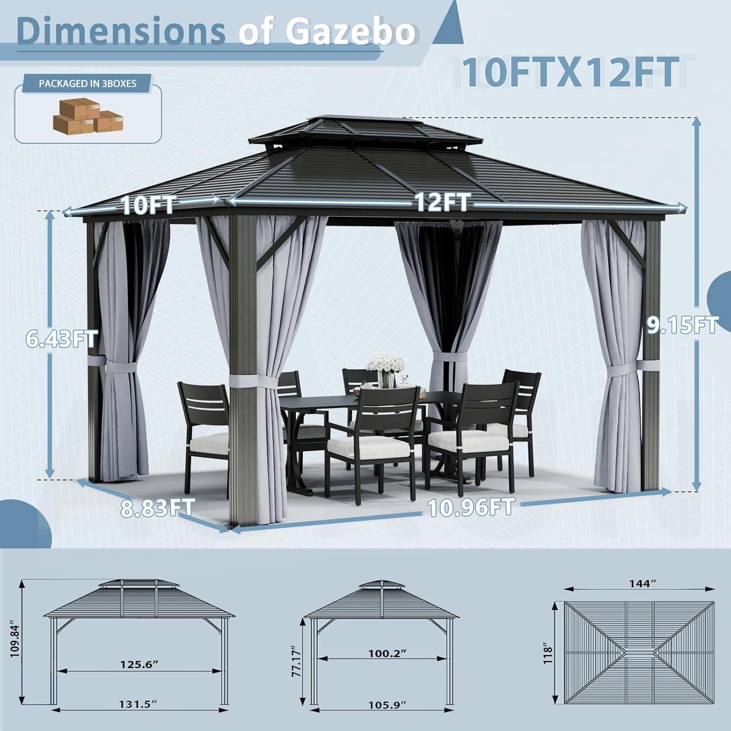 10'x12' Grey Aluminum and Steel Outdoor Gazebo with Curtains