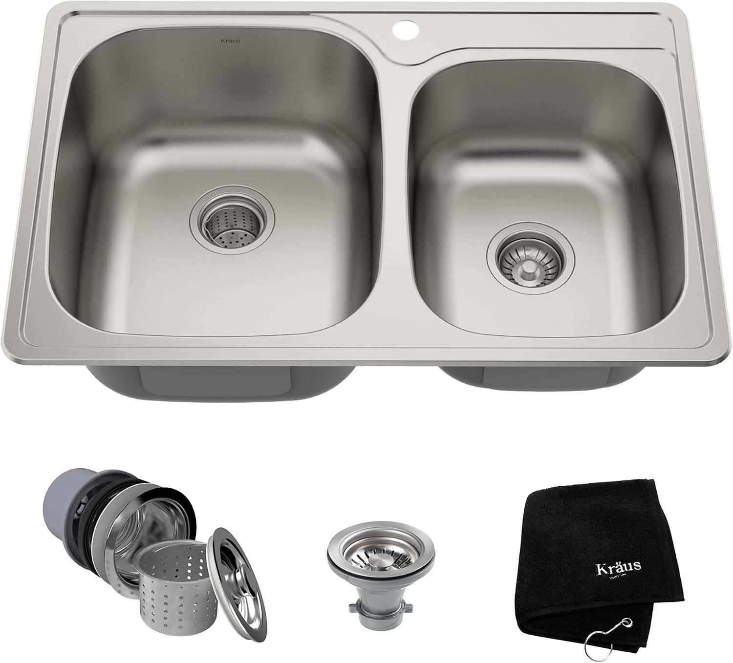 33" Satin Stainless Steel Double Bowl Drop-In Kitchen Sink