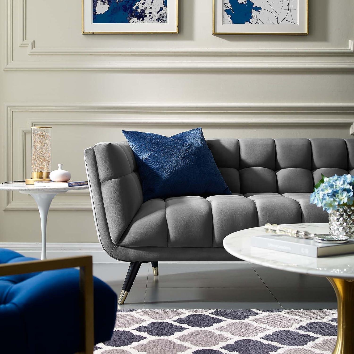 Modway Adept Performance Velvet Tufted Sofa in Gray and Black