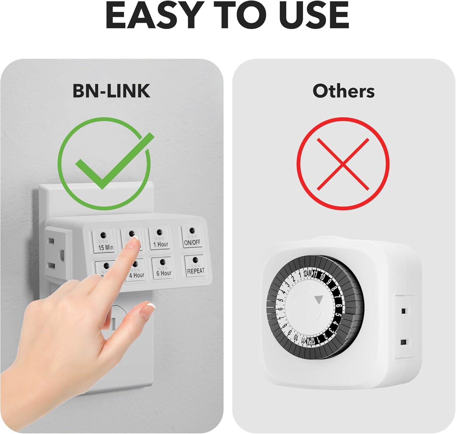 BN-LINK 2 Pack Indoor Countdown Timer with Repeat Function, Heavy Duty Accurate Compact Size for Charger Vacation Security, 3-Prong Grounded Outlet, 15A/1875W ½ HP ETL Listed
