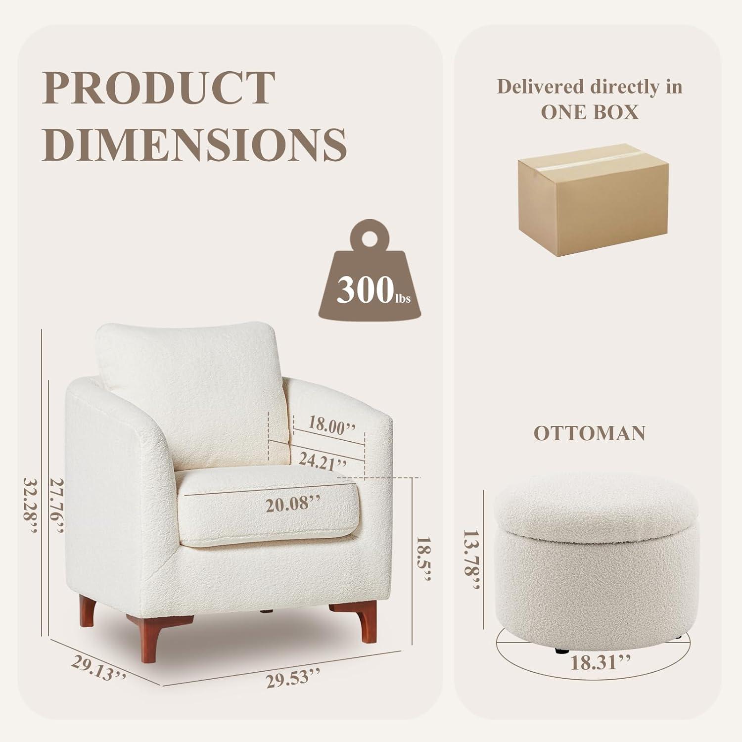 COLAMY Sherpa Accent Chair with Storage Ottoman, Modern Upholstered Living Room Chair with Foot Rest, Armchair with Back Pillow and Wooden Legs for Living Room, Bedroom, Reading Nook, Classic Cream