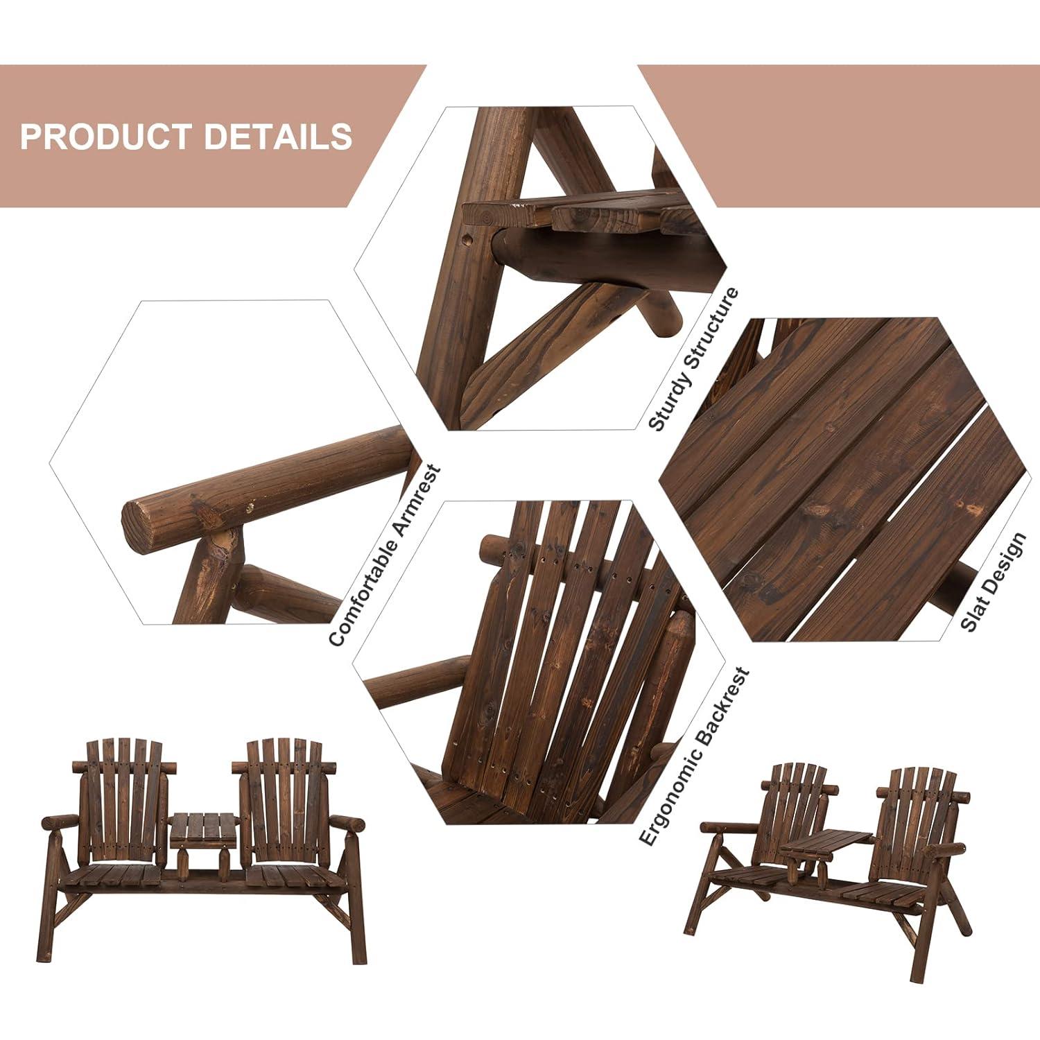 Outsunny Outdoor Wood Adirondack Bench Chair with Center Table, Brown