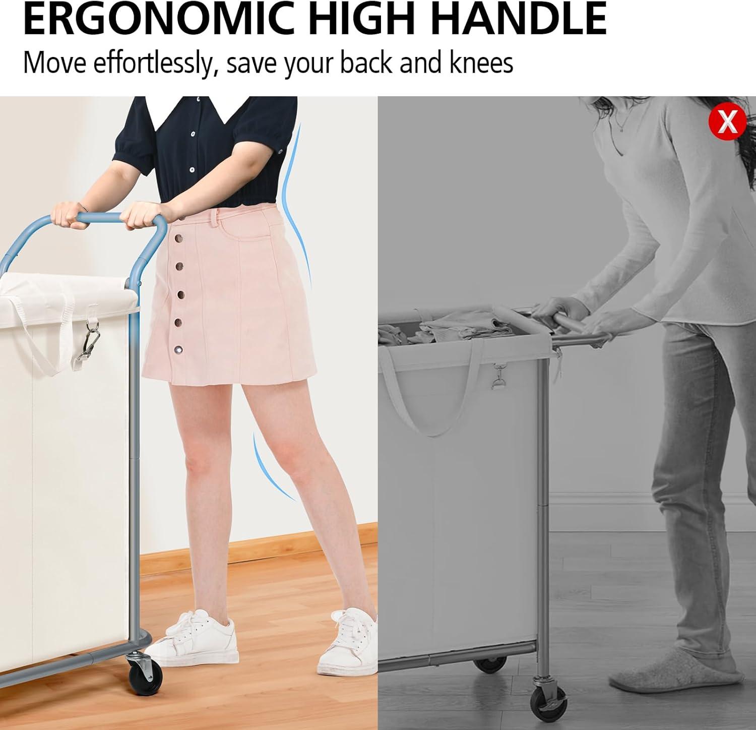 Beige 140L Rolling Laundry Sorter with Steel Frame and Removable Liner