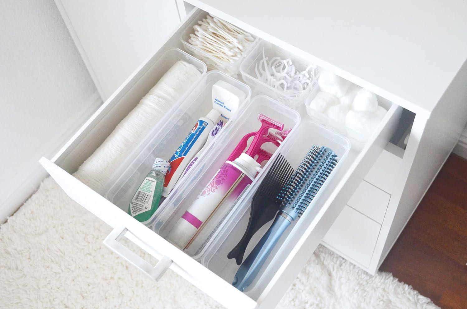 AB Designs Bin Pack, [6] Long Home Organizer Storage Boxes with Lids, Translucent Clear