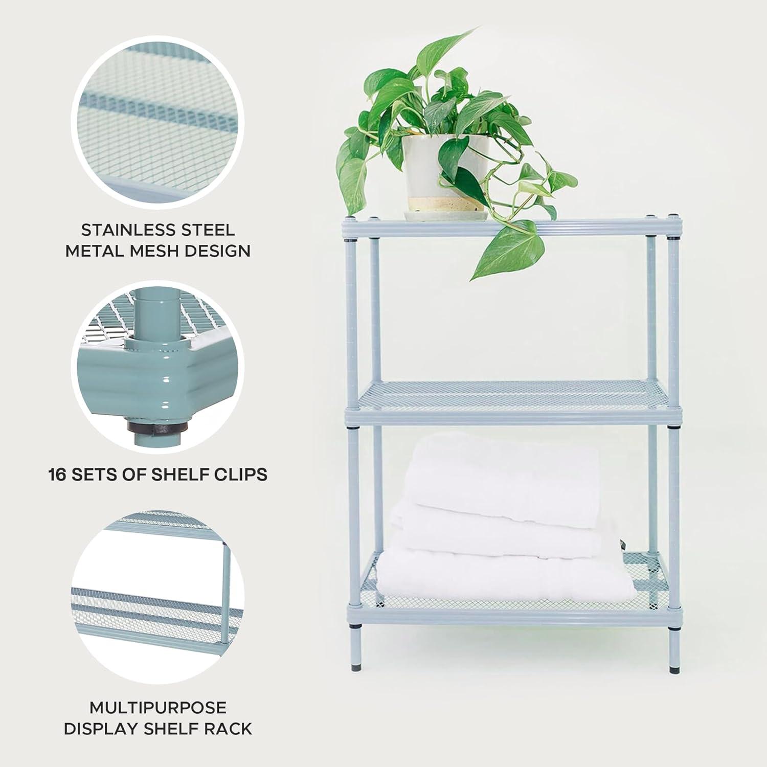 Design Ideas MeshWorks 3 Tier Full-Size Metal Storage Shelving Unit Rack for Kitchen, Office, and Garage Organization, 23.6” x 13.8” x 31.5,” Blue